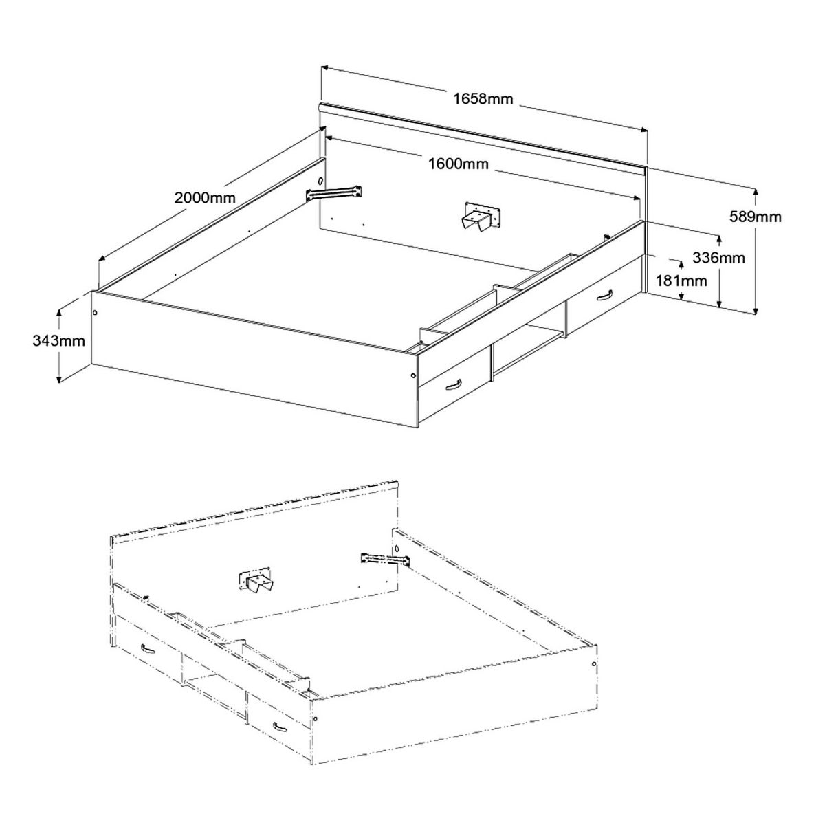 Lit double adulte 160x200 cm 2 tiroirs 1 niche DOWNTON 