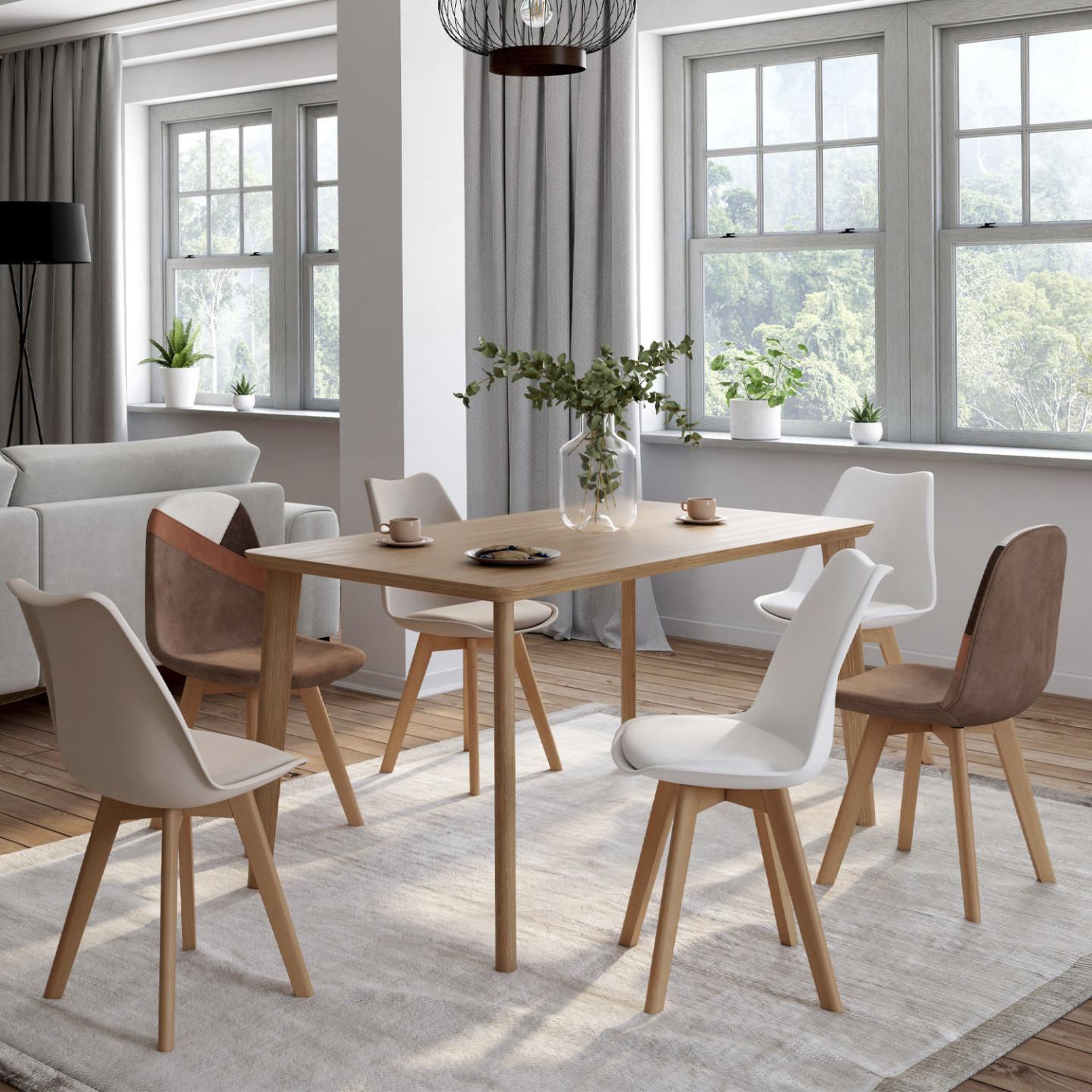 Voir la diapositive 2 : ID MARKET Lot de 6 chaises scandinaves sara beige, blanc et velours patchworks marron et beige