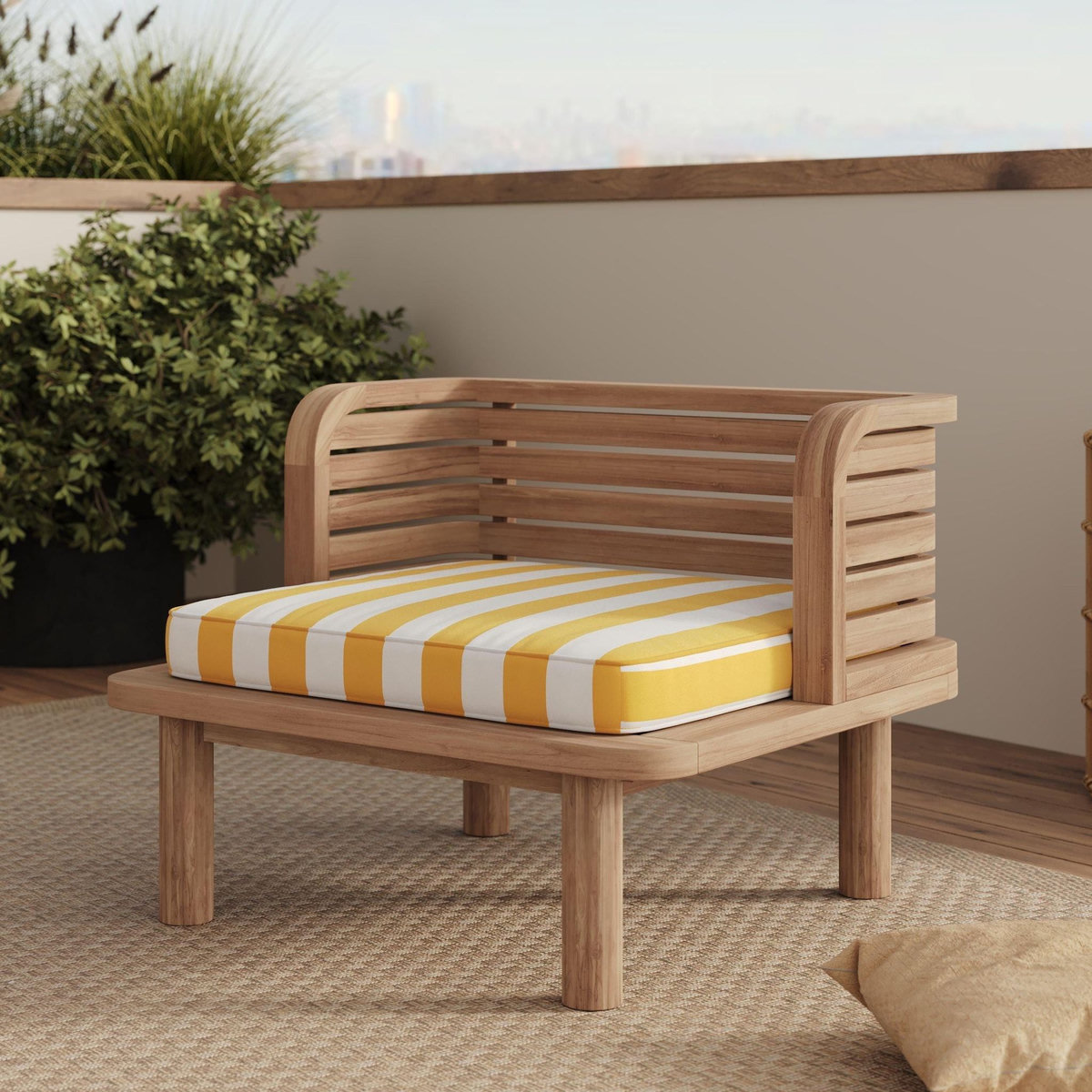 Rendez vous déco Fauteuil de jardin en teck massif et coussin rayé jaune-Kilda