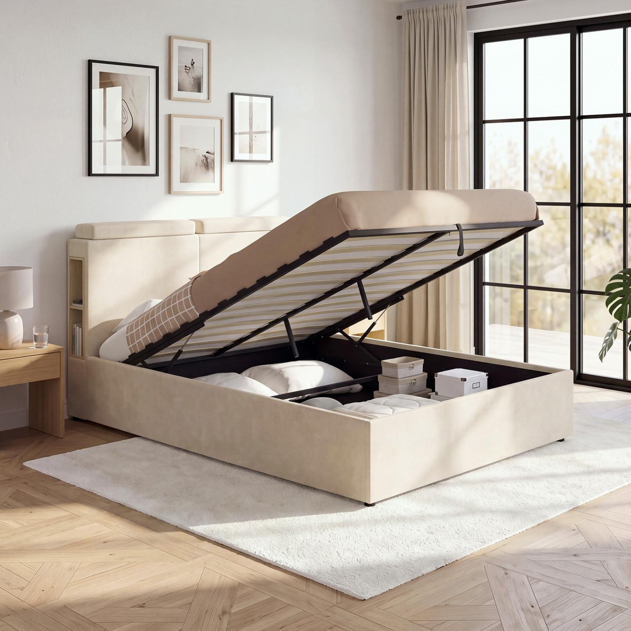 Voir la diapositive 2 : ID MARKET Lit coffre double BASTIAN avec rangements, tête de lit à appuis-tête réglables et sommier 140 x 190 cm velours beige