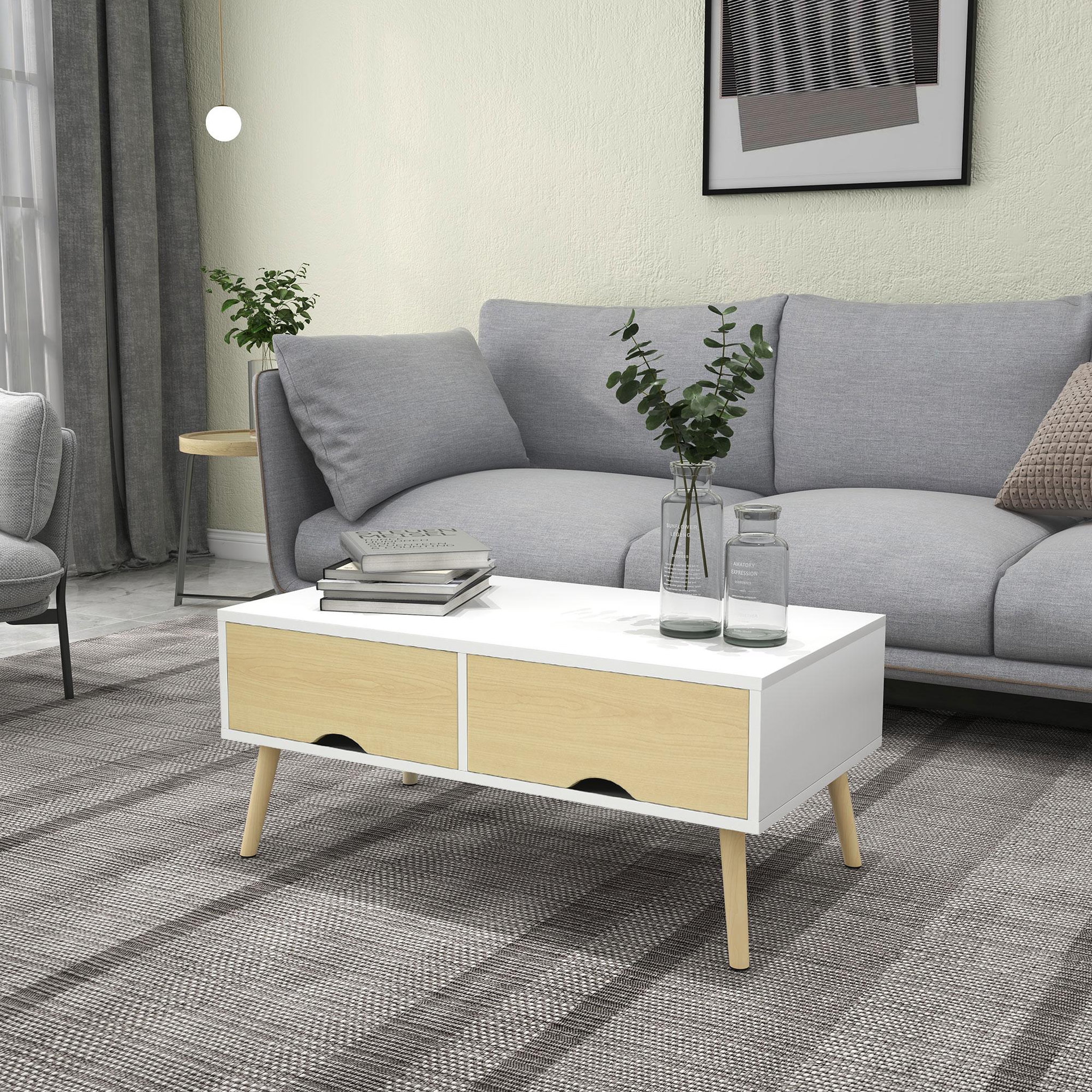 Voir la diapositive 2 : HOMCOM Table basse rectangulaire design scandinave 2 tiroirs coulissants grande niche piètement bois pin blanc aspect bois clair
