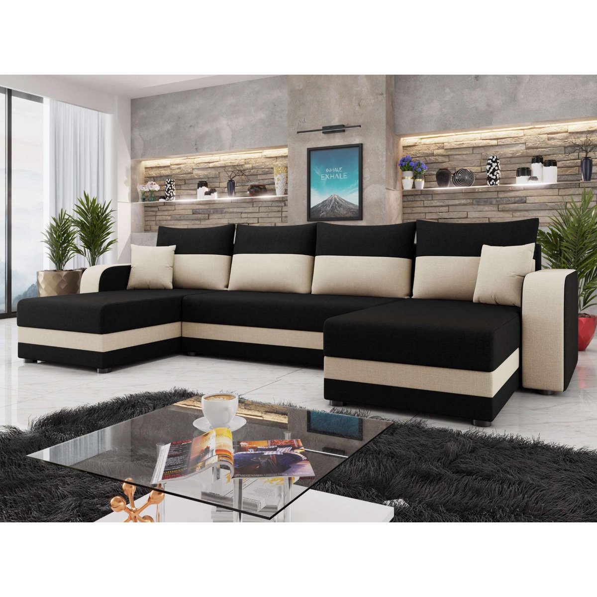 BEST MOBILIER Harvey - canapé panoramique en u 7 places convertible avec coffre en tissu bicolore