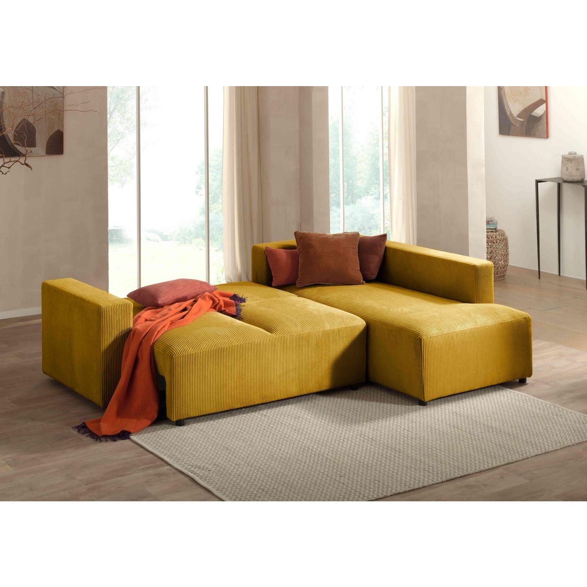 LISA DESIGN Livy - canapé d'angle convertible - avec coffre - en velours côtelé - 5 places - droit