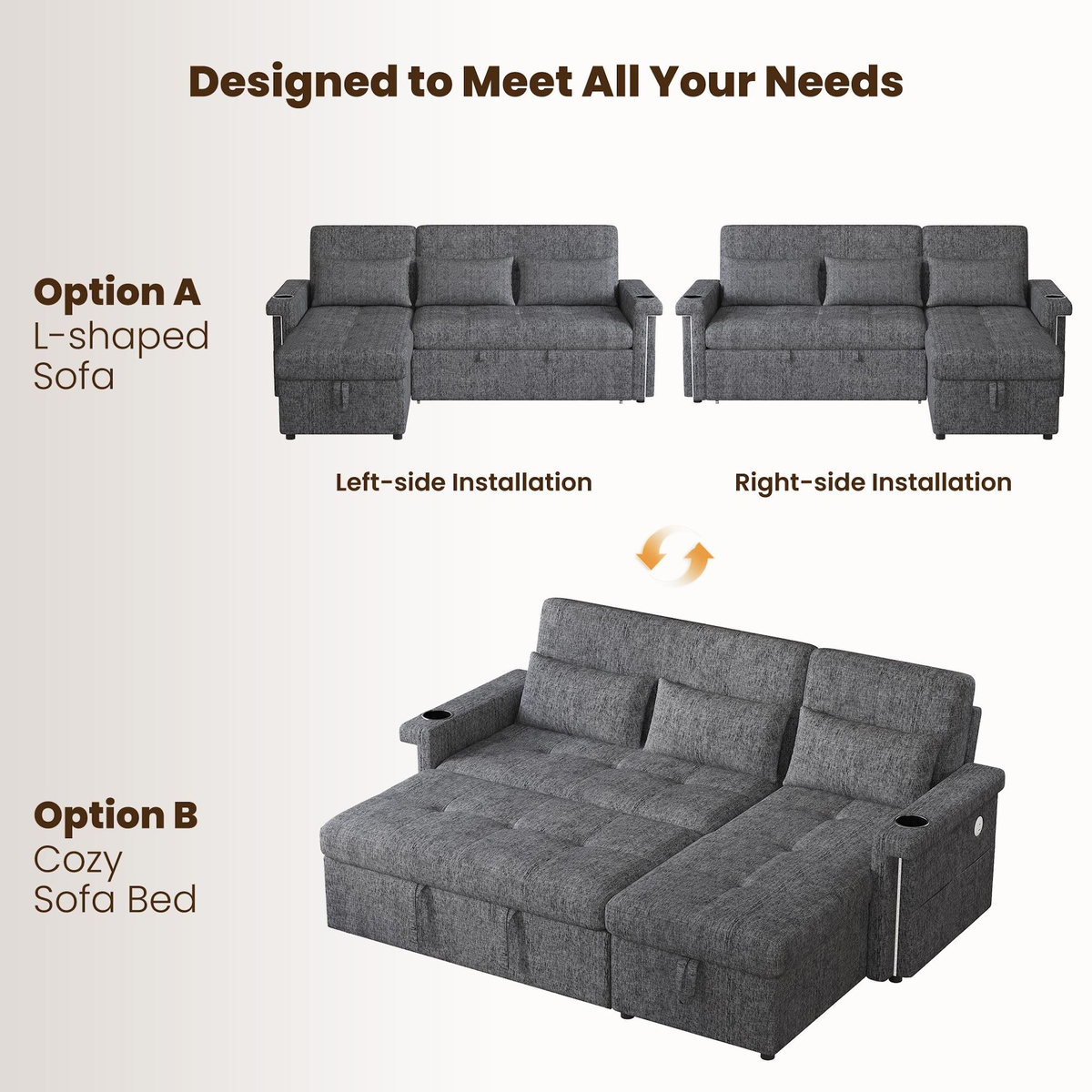 MERAX Canapé d'angle réversible convertible 3 places tissu led coffre de rangement