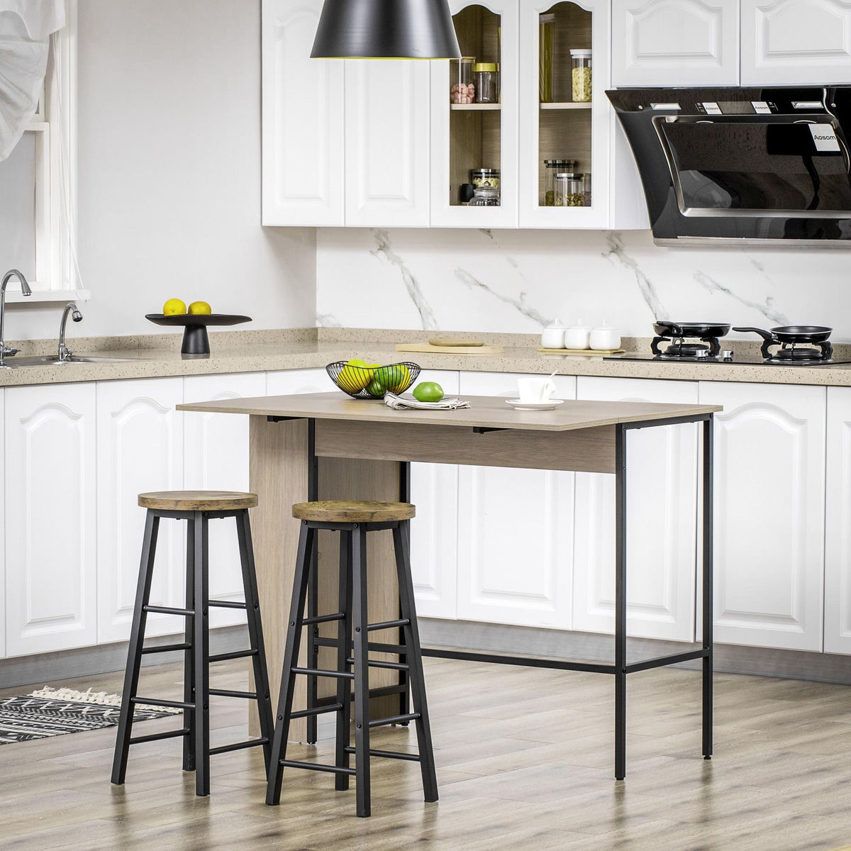 HOMCOM Table de bar extensible design industriel - 3 étagères intégrées - châssis métal noir panneaux particules aspect bois gris