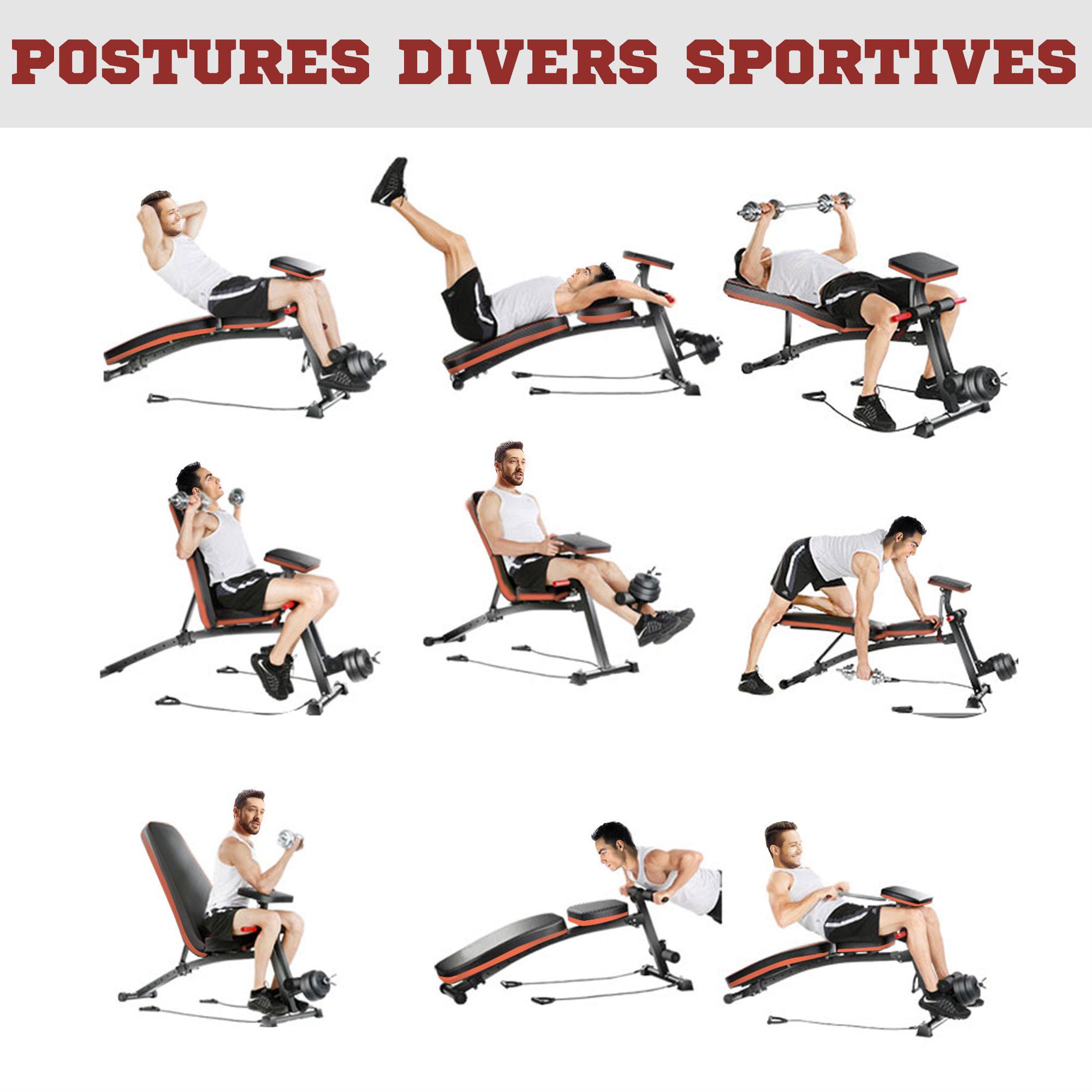 Voir la diapositive 6 : HOMCOM Banc de musculation pliable inclinable réglable sangles élastiques + support haltères inclus acier noir rouge