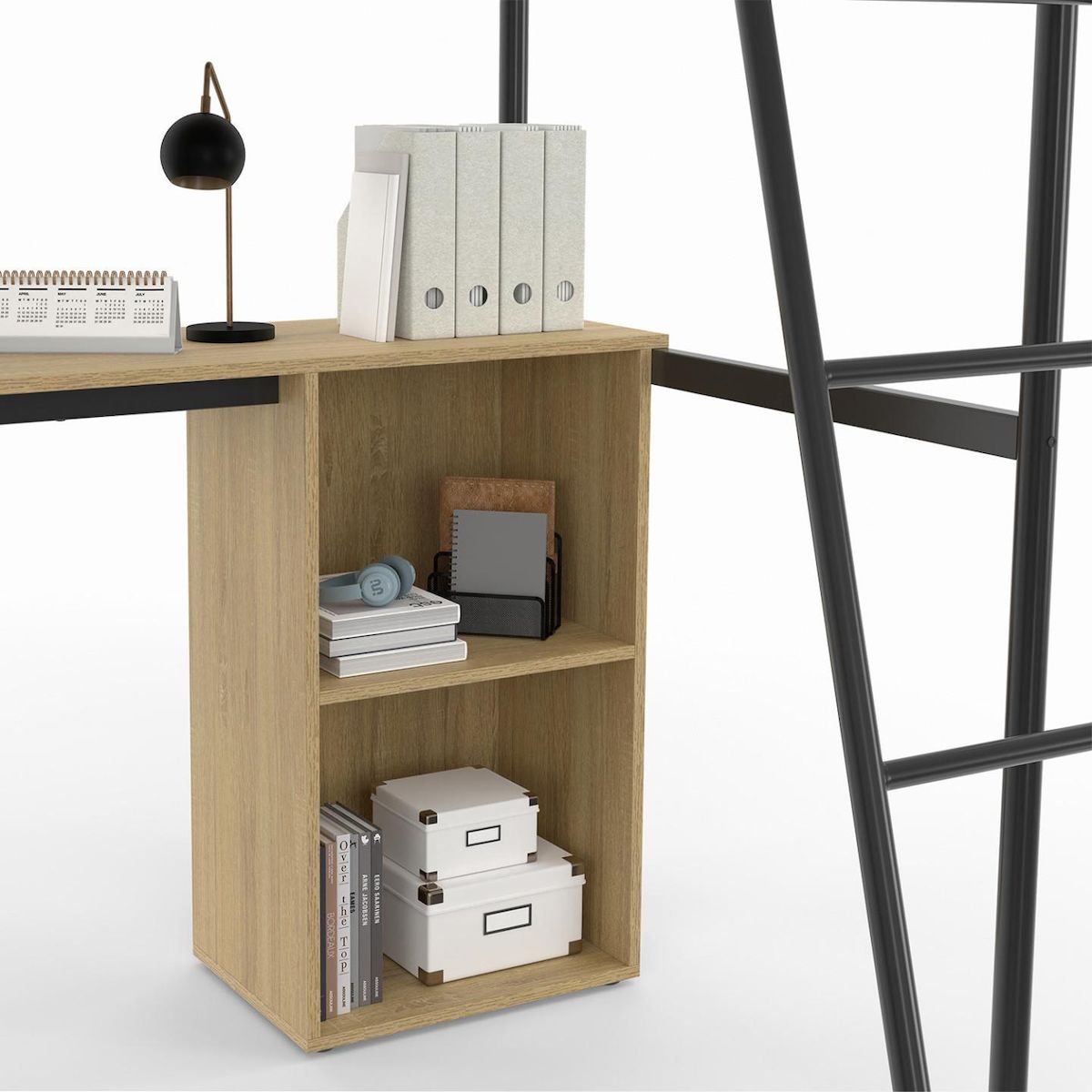 ID MARKET Lit mezzanine simple DETROIT avec bureau et rangements 90 x 190 cm design industriel