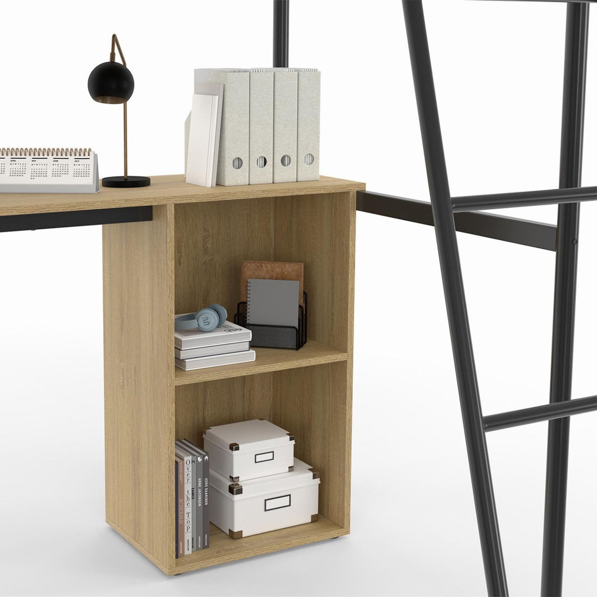 ID MARKET Lit mezzanine simple DETROIT avec bureau et rangements 90 x 190 cm design industriel