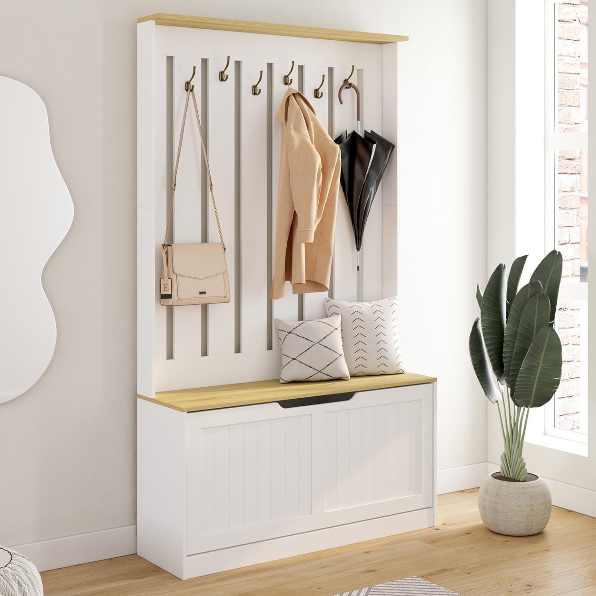 Voir la diapositive 2 : ID MARKET Vestiaire d'entrée LEON meuble chaussures porte-manteau 6 crochets avec banc pour l'entrée, le salon, la chambre