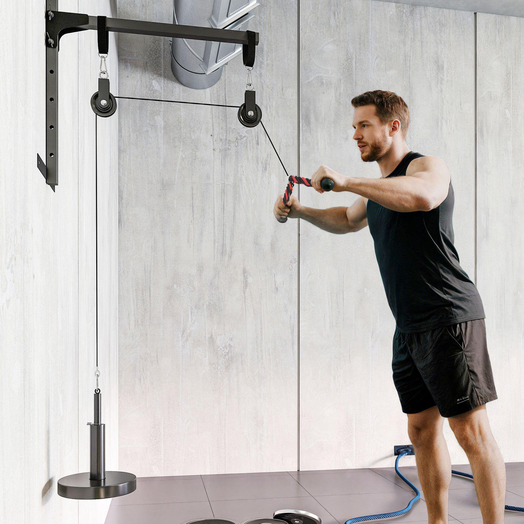 Voir la diapositive 6 : HOMCOM Station de traction murale - machine poulie musculation - lat pulldown exercices - acier nylon rouge noir