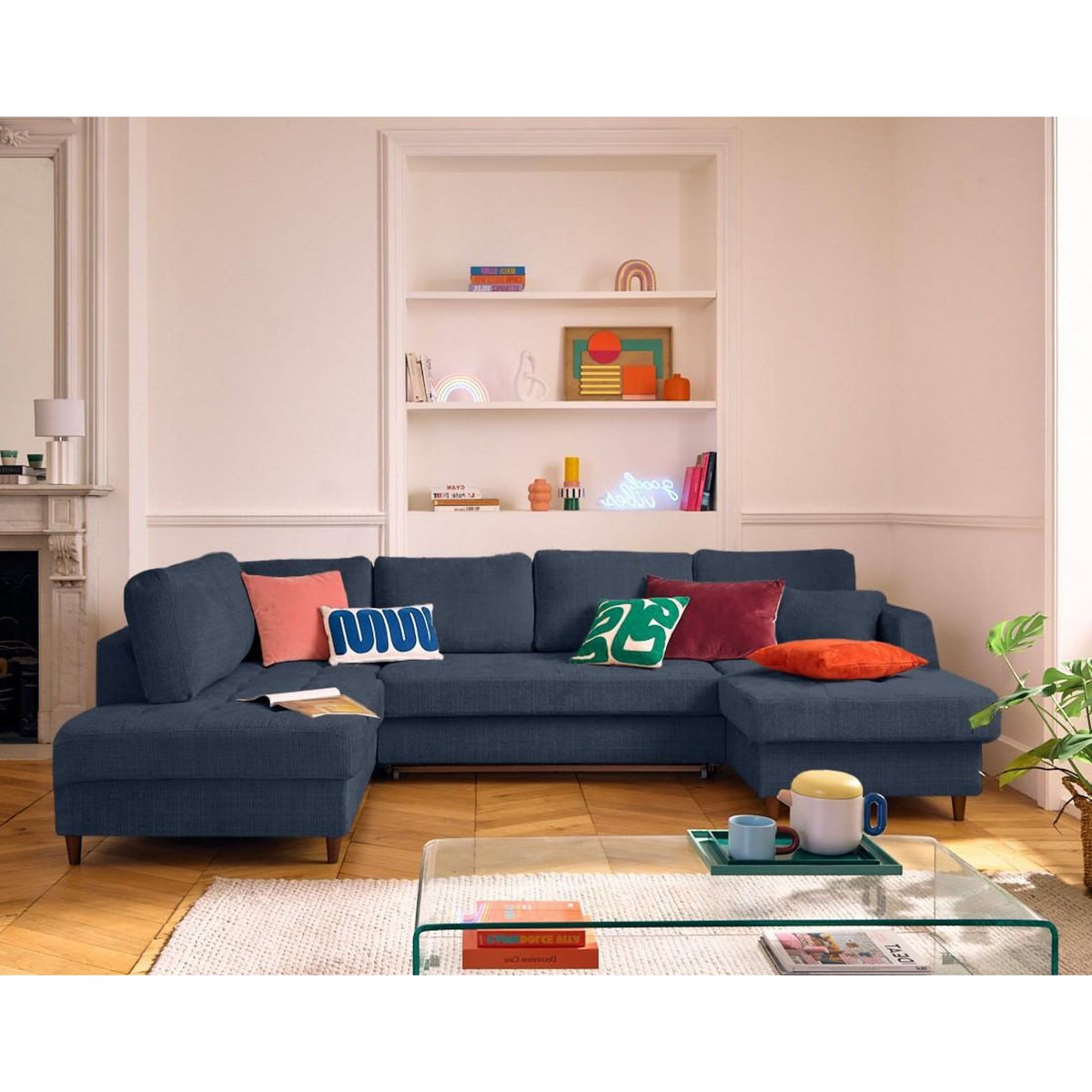 LISA DESIGN Anna - canapé panoramique d'angle gauche 7 places convertible avec coffre en velours texturé