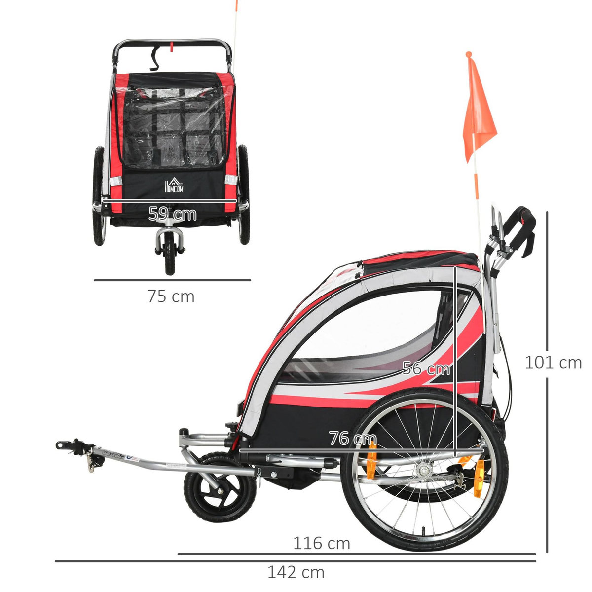 HOMCOM Remorque vélo jogger 2 en 1 pour enfant drapeau roue avant pivotante réflecteurs et barre d'attelage inclus rouge noir