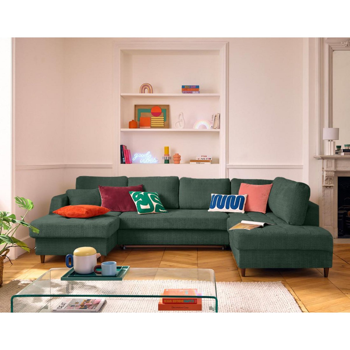 LISA DESIGN Anna - canapé panoramique d'angle droit 7 places convertible avec coffre en velours texturé