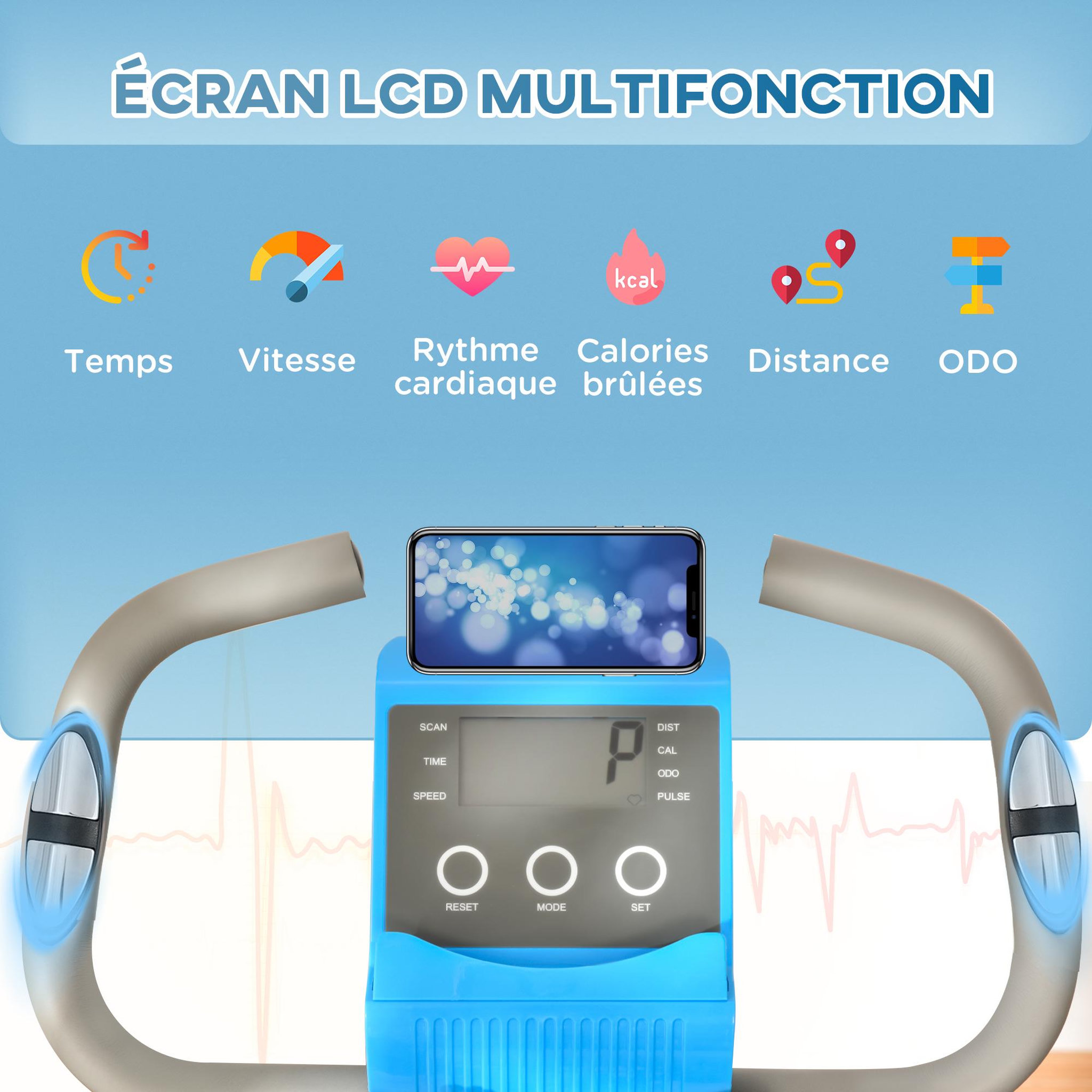 Voir la diapositive 4 : HOMCOM Vélo d'appartement pliant 8 niveaux de résistance magnétique dossier selle réglable poignées ergonomiques écran LCD multifonction suspensions support tablette acier