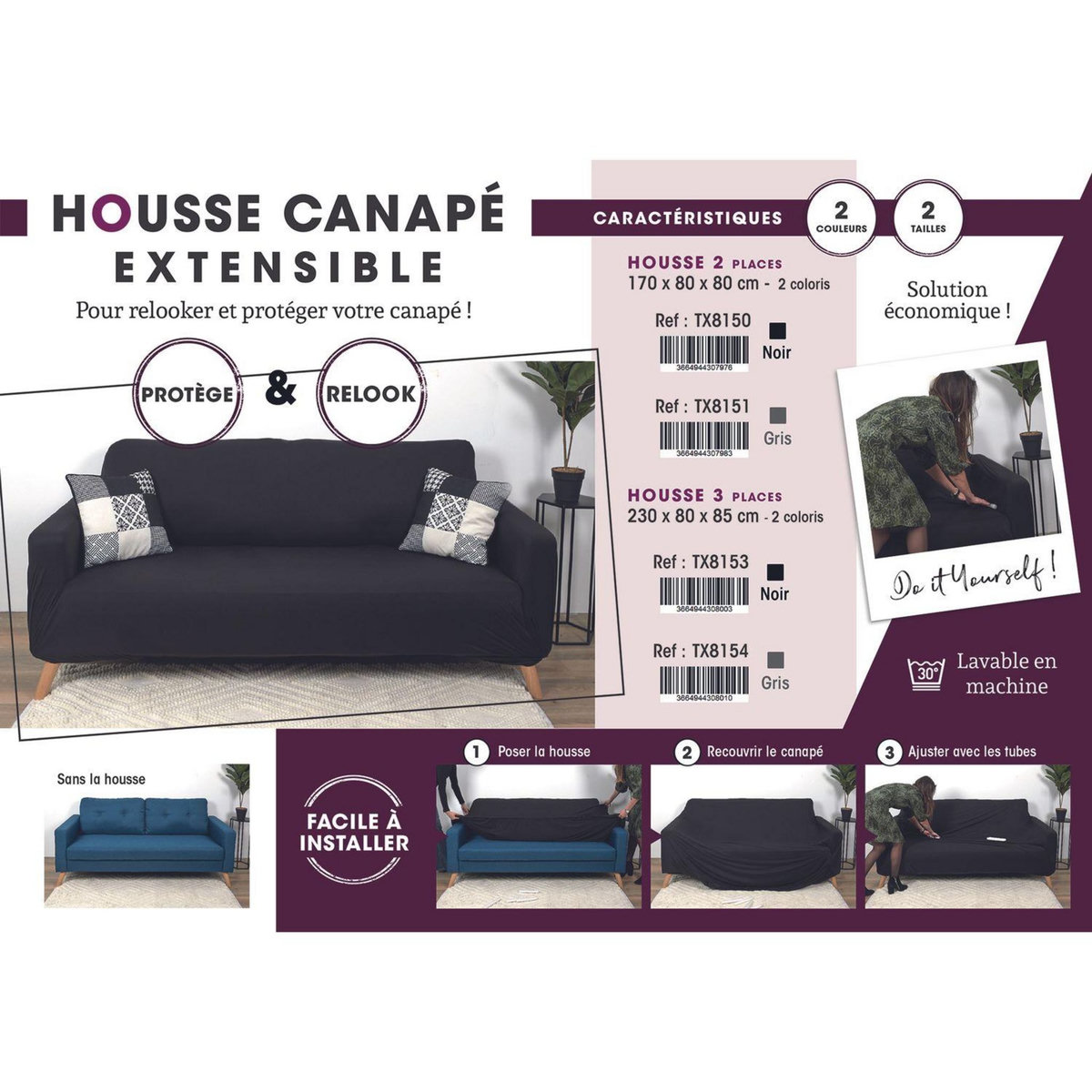 The Home Deco Factory Housse extensible pour canapé 2 places