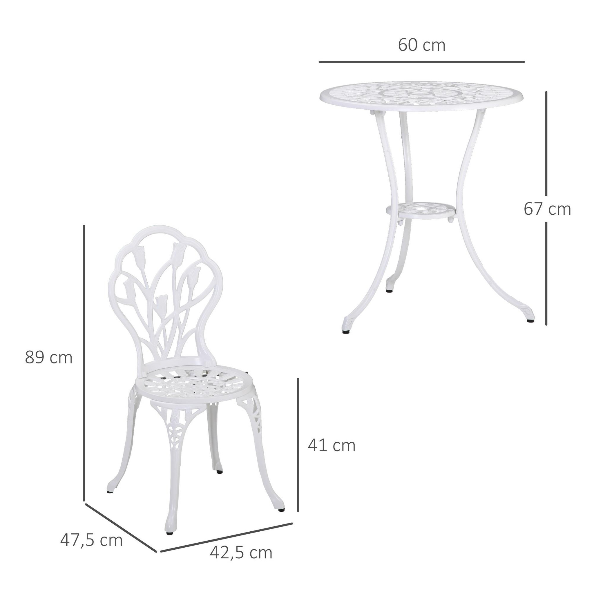 Voir la diapositive 3 : OUTSUNNY Ensemble salon de jardin 2 places 2 chaises + table ronde fonte d'aluminium imitation fer forgé blanc