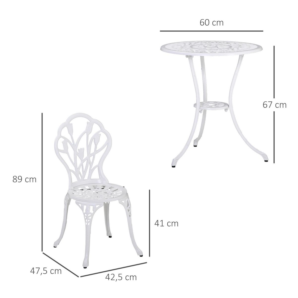 OUTSUNNY Ensemble salon de jardin 2 places 2 chaises + table ronde fonte d'aluminium imitation fer forgé blanc