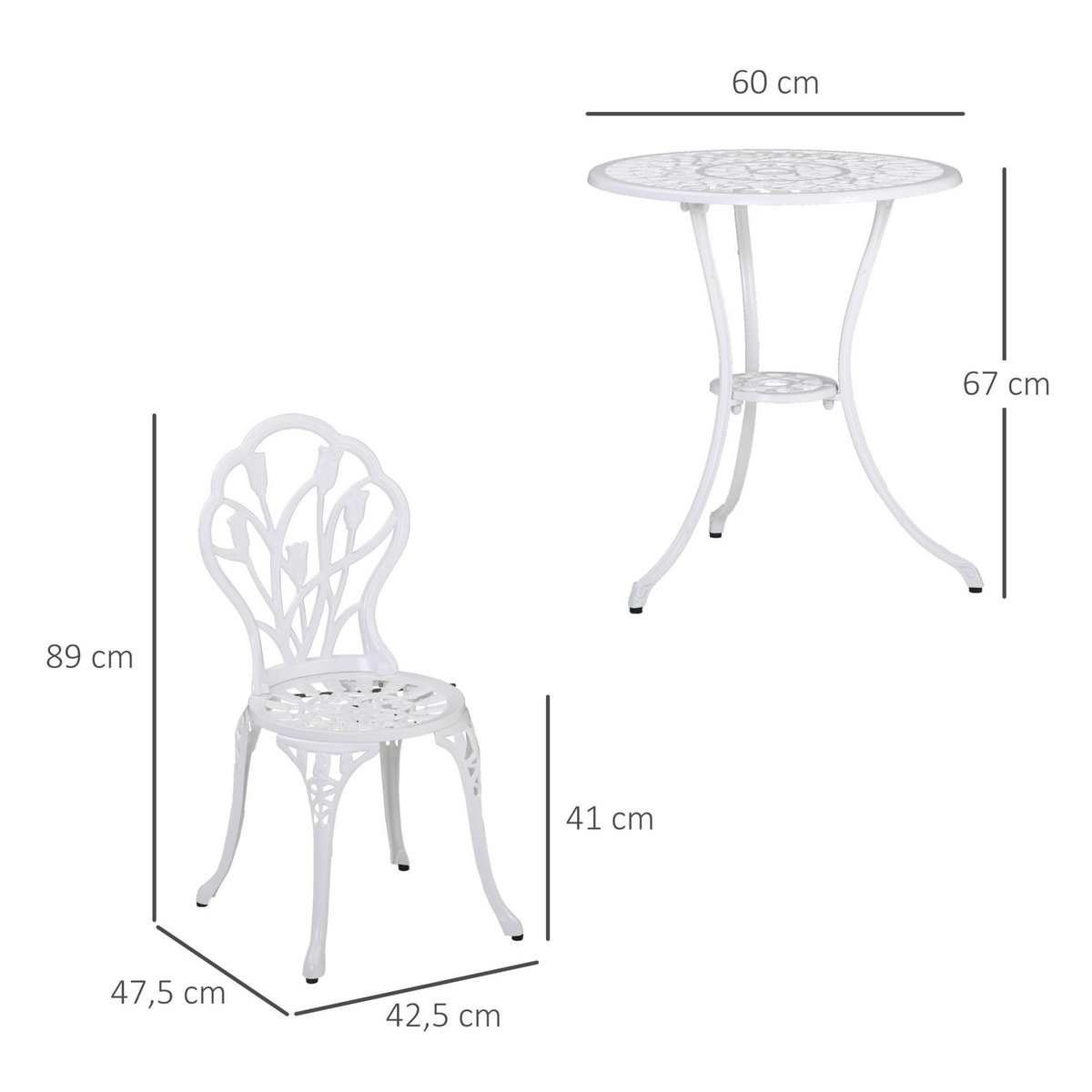 OUTSUNNY Ensemble salon de jardin 2 places 2 chaises + table ronde fonte d'aluminium imitation fer forgé blanc