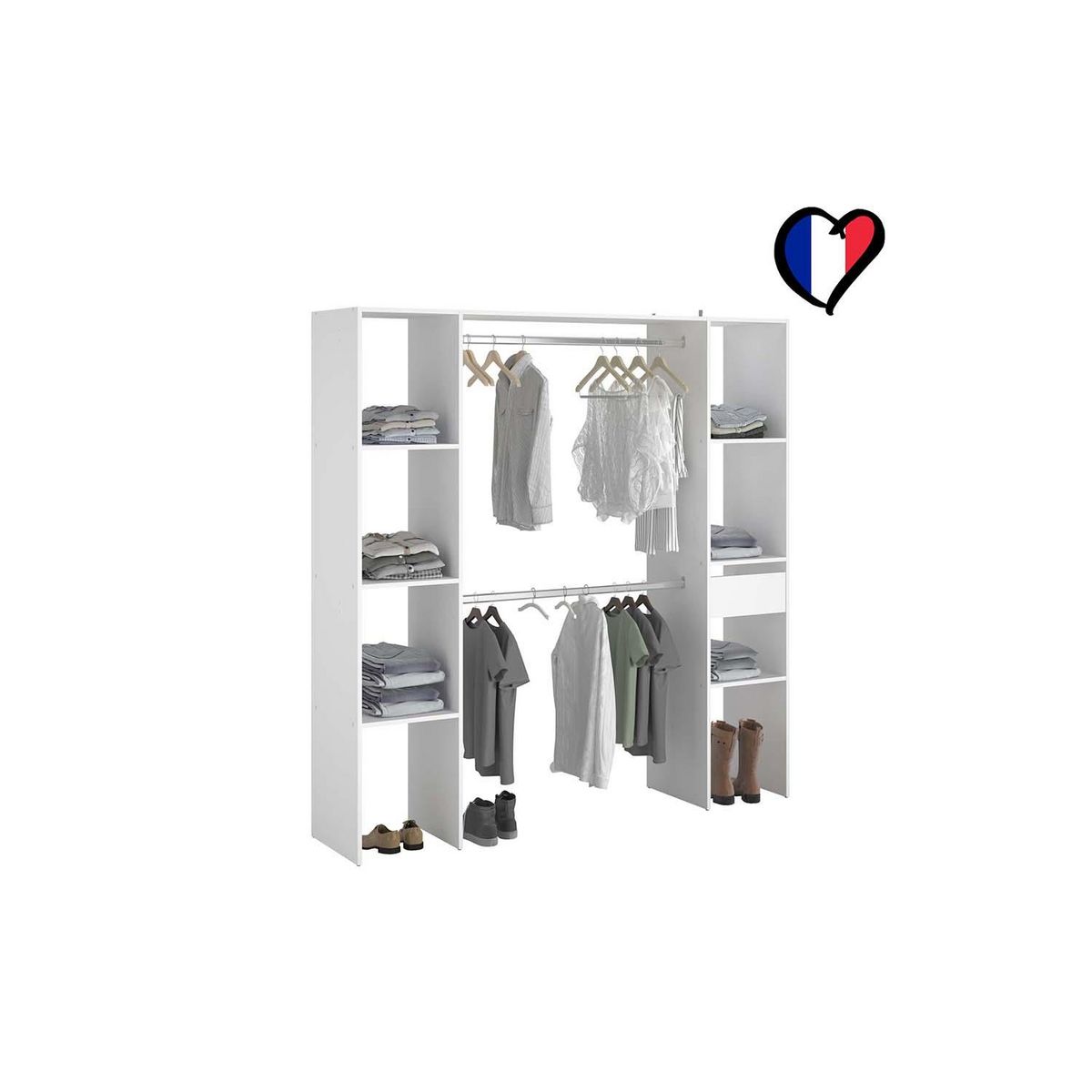 CONCEPT USINE Dressing blanc 6 étagères, 1 tiroir, 2 penderies 180 x 40 x 180 cm ELYSEE