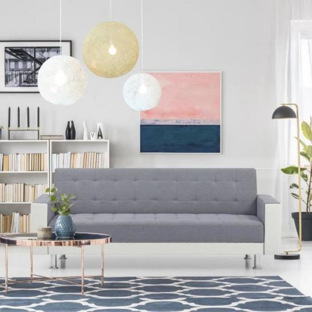 MARKET24 Canapé Droit Clic clac convertible 3 places IVANA - Tissu et PU Gris foncé et blanc - Style contemporain - L 208 x P 86 x H 80