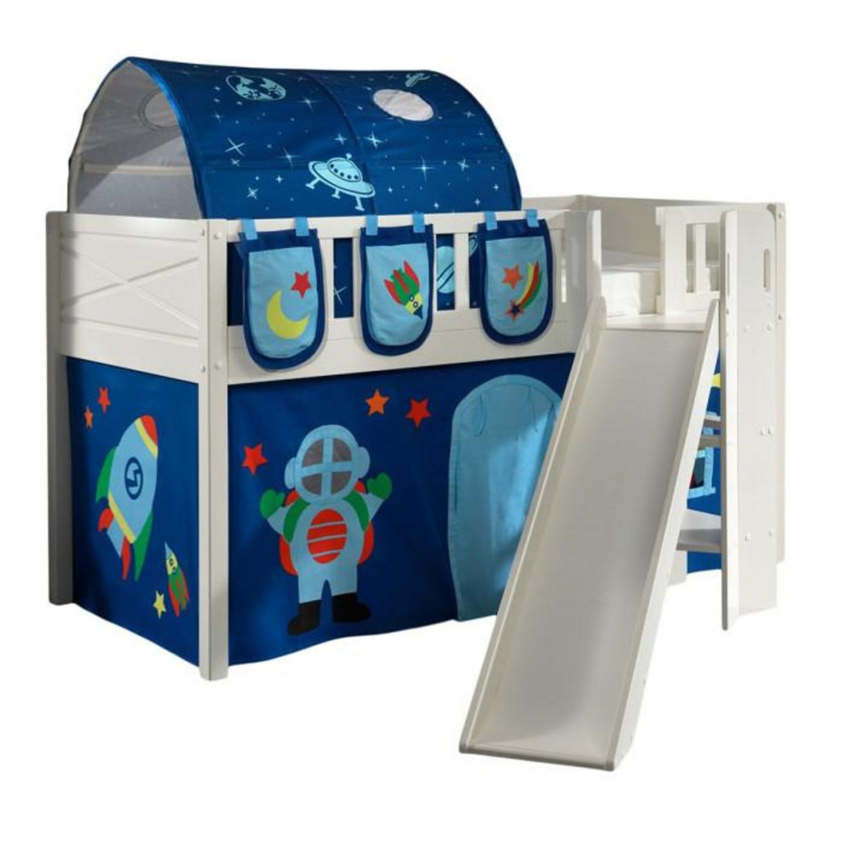 Paris Prix Lit Enfant Toboggan, Tente, Tunnel & 3 Pochettes  Scott Astro  90x200cm Blanc