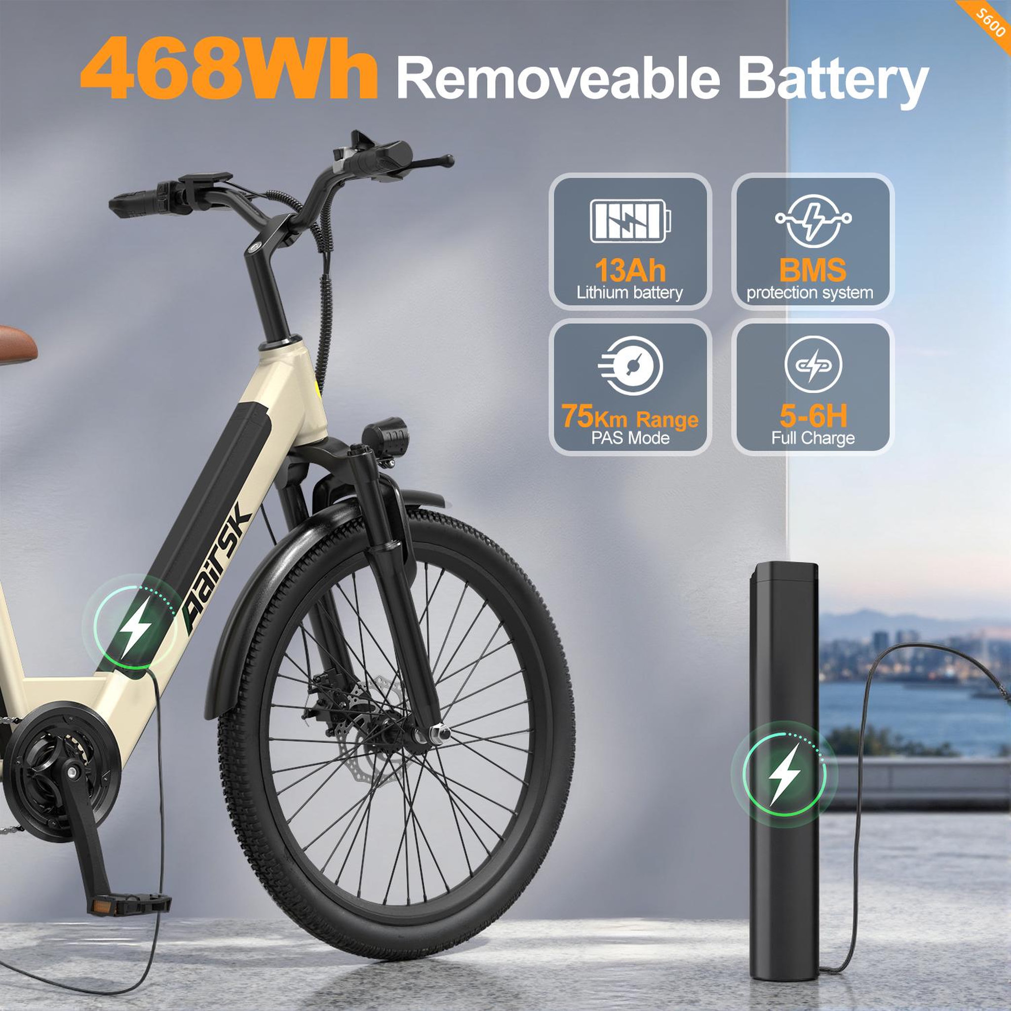 Voir la diapositive 4 : AAIRSK Vélo électrique de ville Aairsk S600, 26 po, jaune