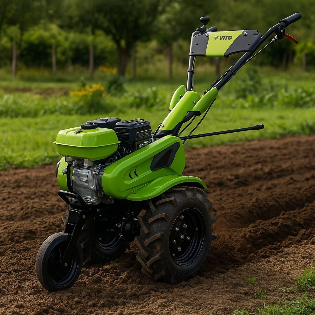 VITO Motoculteur à essence Moteur 4 temps 212 Cm3 7CV 5200W + Jeu de FRAISES + Butteur Idéal Jardin & Maraîchage VITO