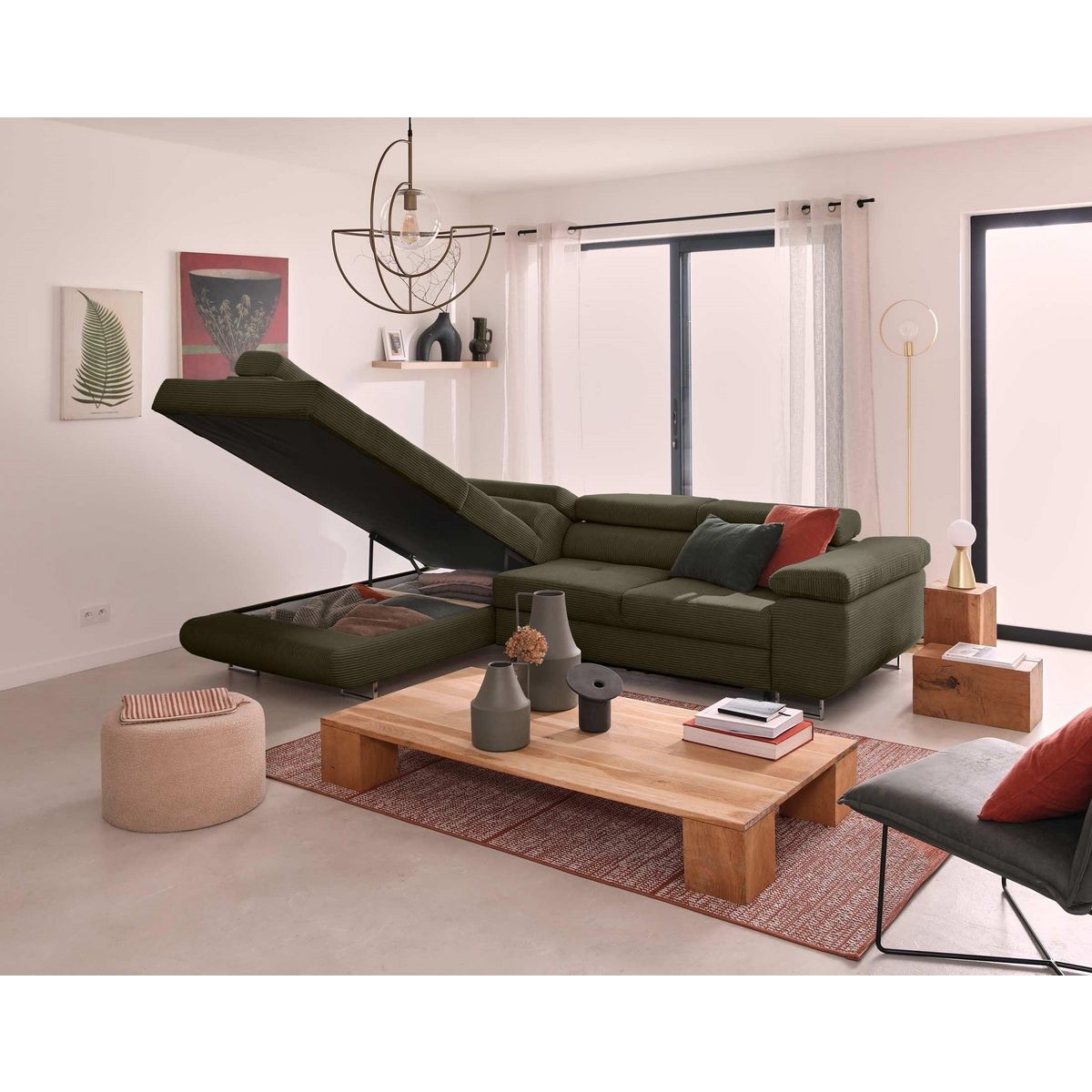 BEST MOBILIER Zaria - canapé d'angle gauche - convertible avec coffre et têtières réglables - 5 places - en velours côtelé