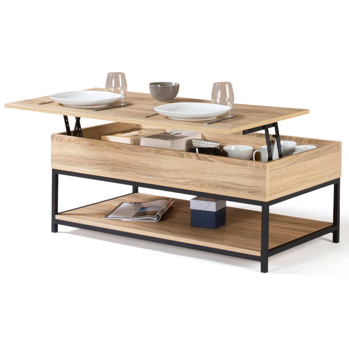 ID MARKET Table basse plateau relevable intégral rectangulaire DETROIT et étagère inférieure design industriel