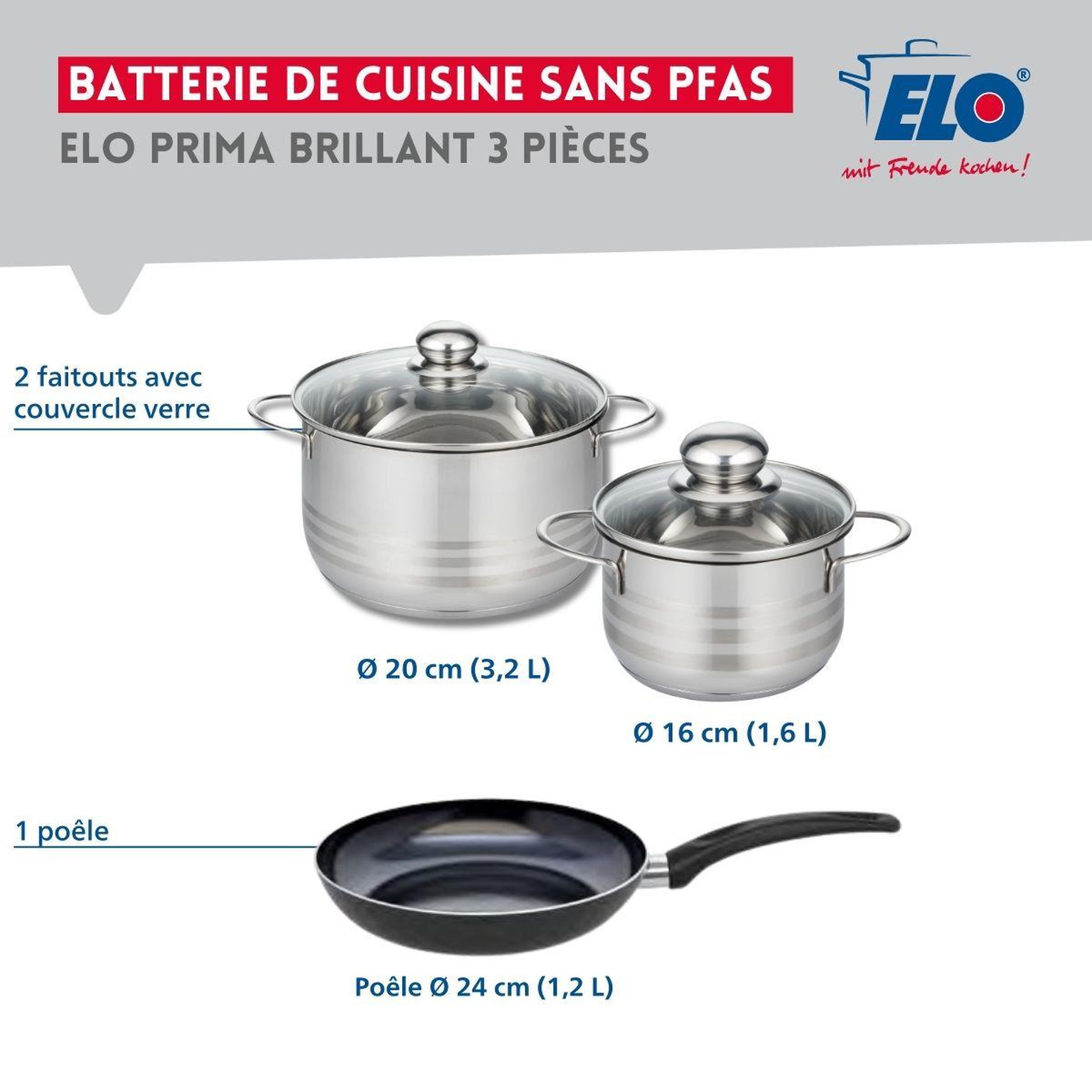 Voir la diapositive 2 : ELO Ensemble de 1 poêle de cuisson 24 cm et 2 faitouts 16 et 20 cm elo prima brillant
