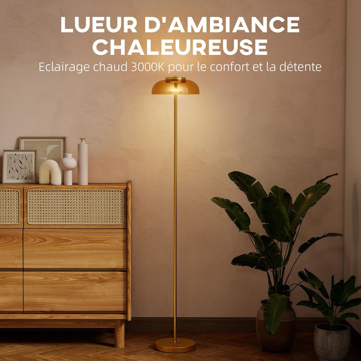 HOMCOM Lampadaire sur pied LED style vintage métal doré verre fumé lumière chaude 3000K