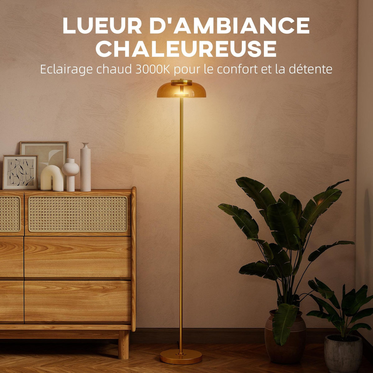HOMCOM Lampadaire sur pied LED style vintage métal doré verre fumé lumière chaude 3000K