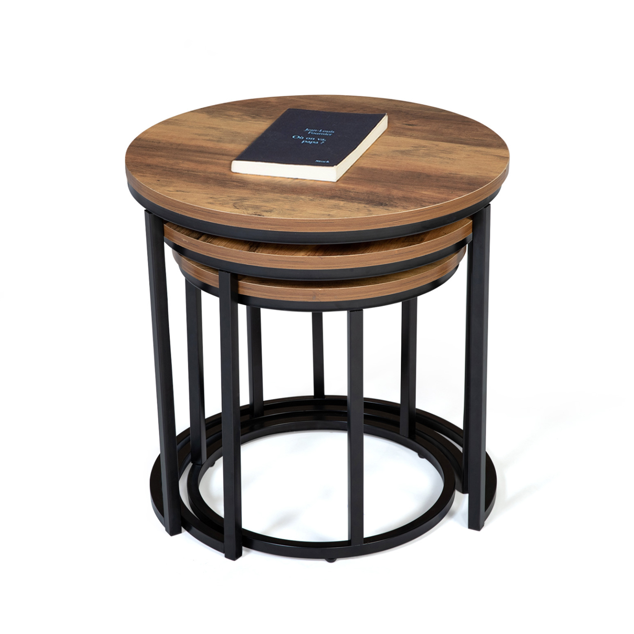 Voir la diapositive 3 : ID MARKET Lot de 3 tables basses gigognes hawkins rondes 30/40/45 bois foncé design industriel