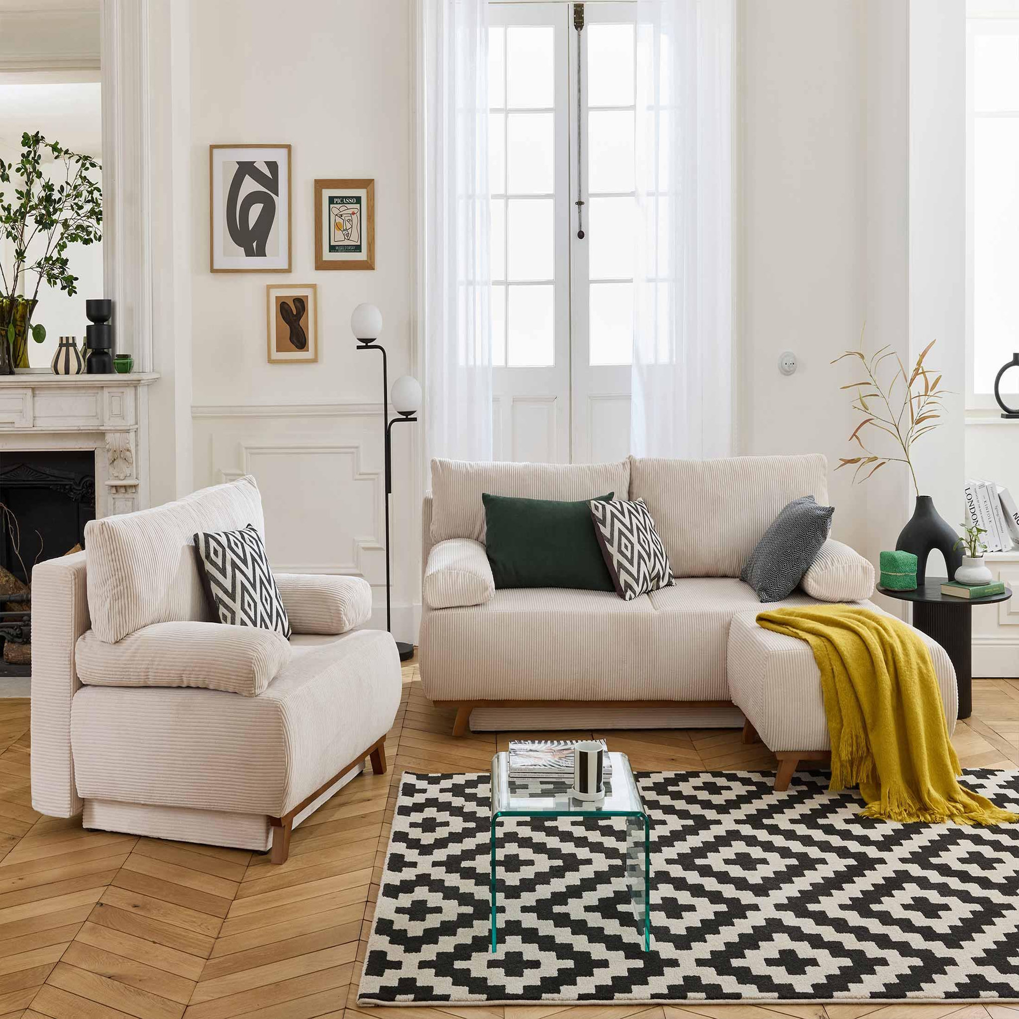 Voir la diapositive 6 : BEST MOBILIER Cristal - canapé 3 places - convertible avec coffre et pouf - en velours côtelé