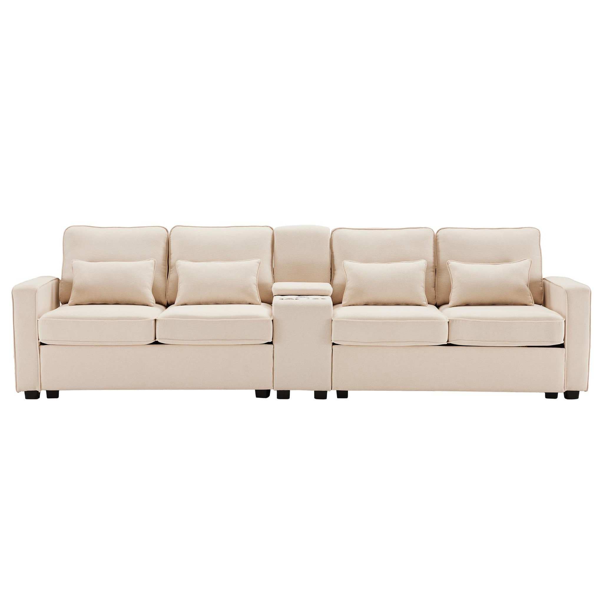 MERAX Canapé 4 Places Fixe Lin Avec 2 Porte-gobelets, 2 Ports USB. Coloris disponibles : Beige, Gris