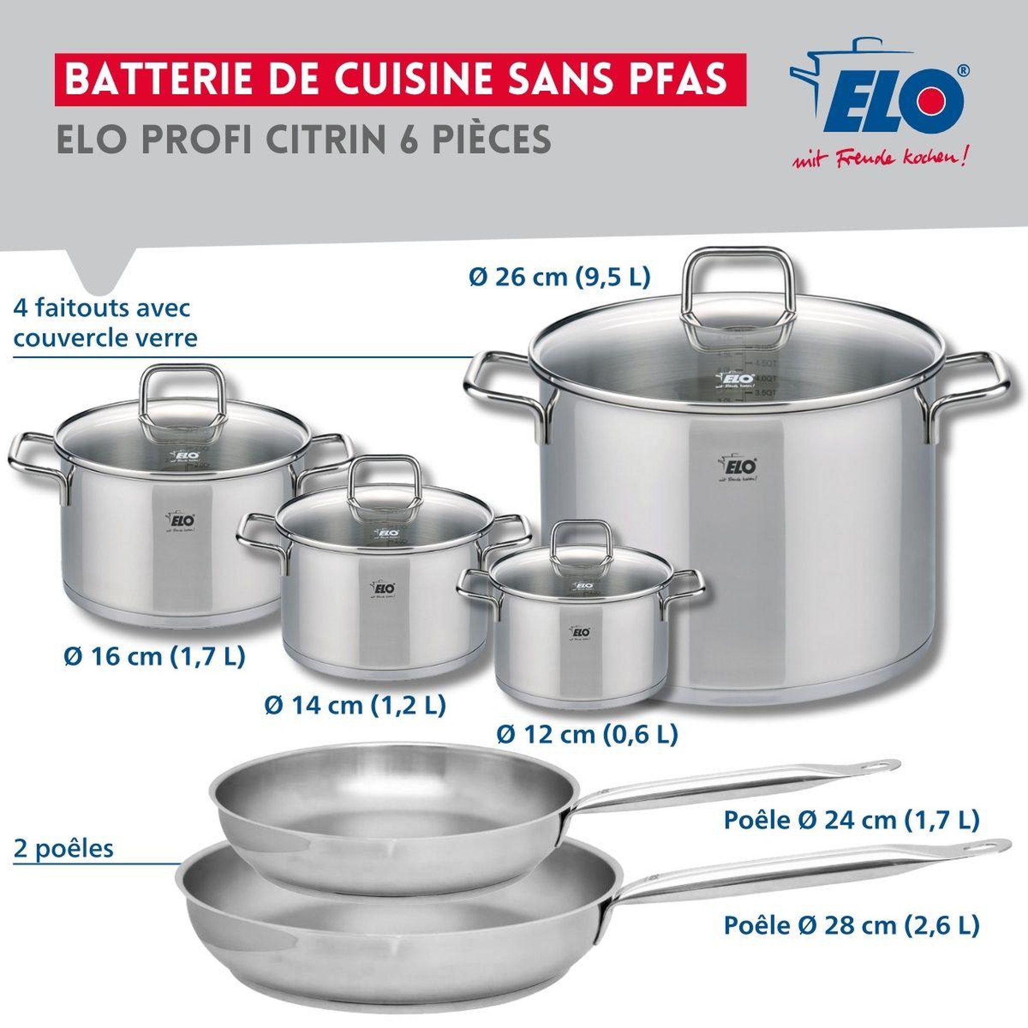 Voir la diapositive 2 : ELO Ensemble de 2 poêles de cuisson 24 et 28 cm et 4 faitouts 12, 14, 16 et 26 cm elo profi citrin