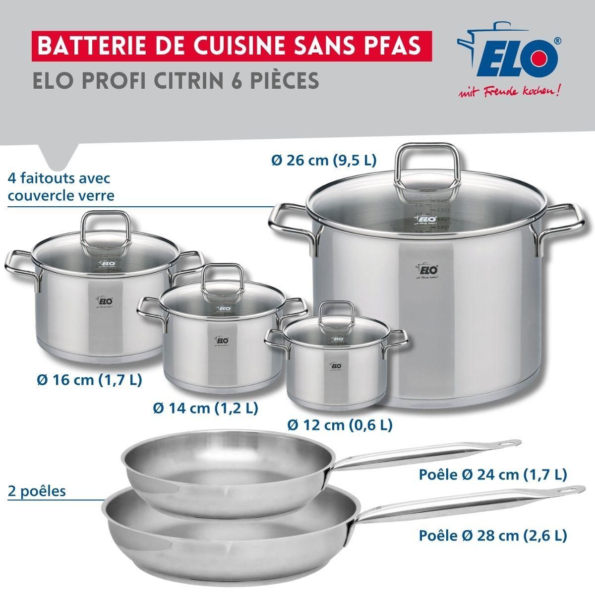 ELO Ensemble de 2 Poêles de cuisson 24 et 28 cm et 4 faitouts 12, 14, 16 et 26 cm Elo Profi Citrin