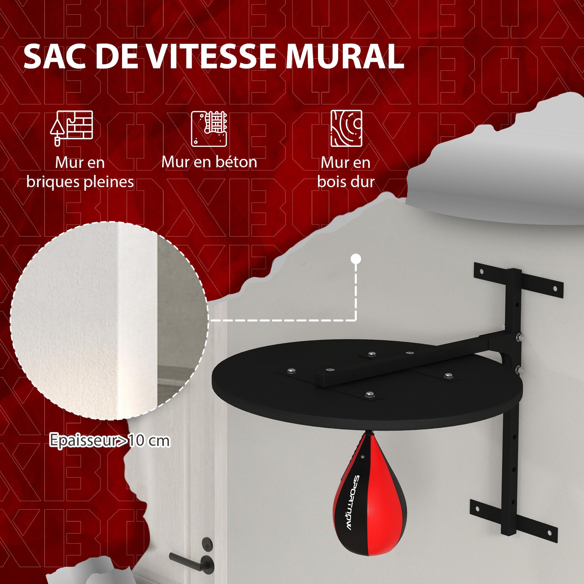 Voir la diapositive 5 : HOMCOM Punching ball poire de vitesse boxe avec support plateau tournant + pompe mdf acier revêtement synthétique rouge noir