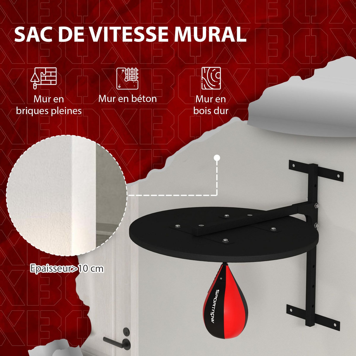 HOMCOM Punching ball poire de vitesse boxe avec support plateau tournant + pompe MDF acier revêtement synthétique rouge noir