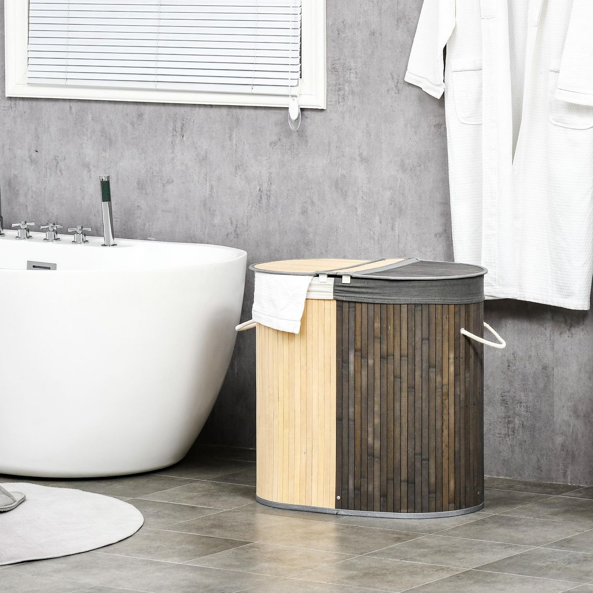 HOMCOM Panier à linge corbeille à linge bac à linge 100 L 2 compartiments couvercle sac amovible 2 poignées tissu bambou