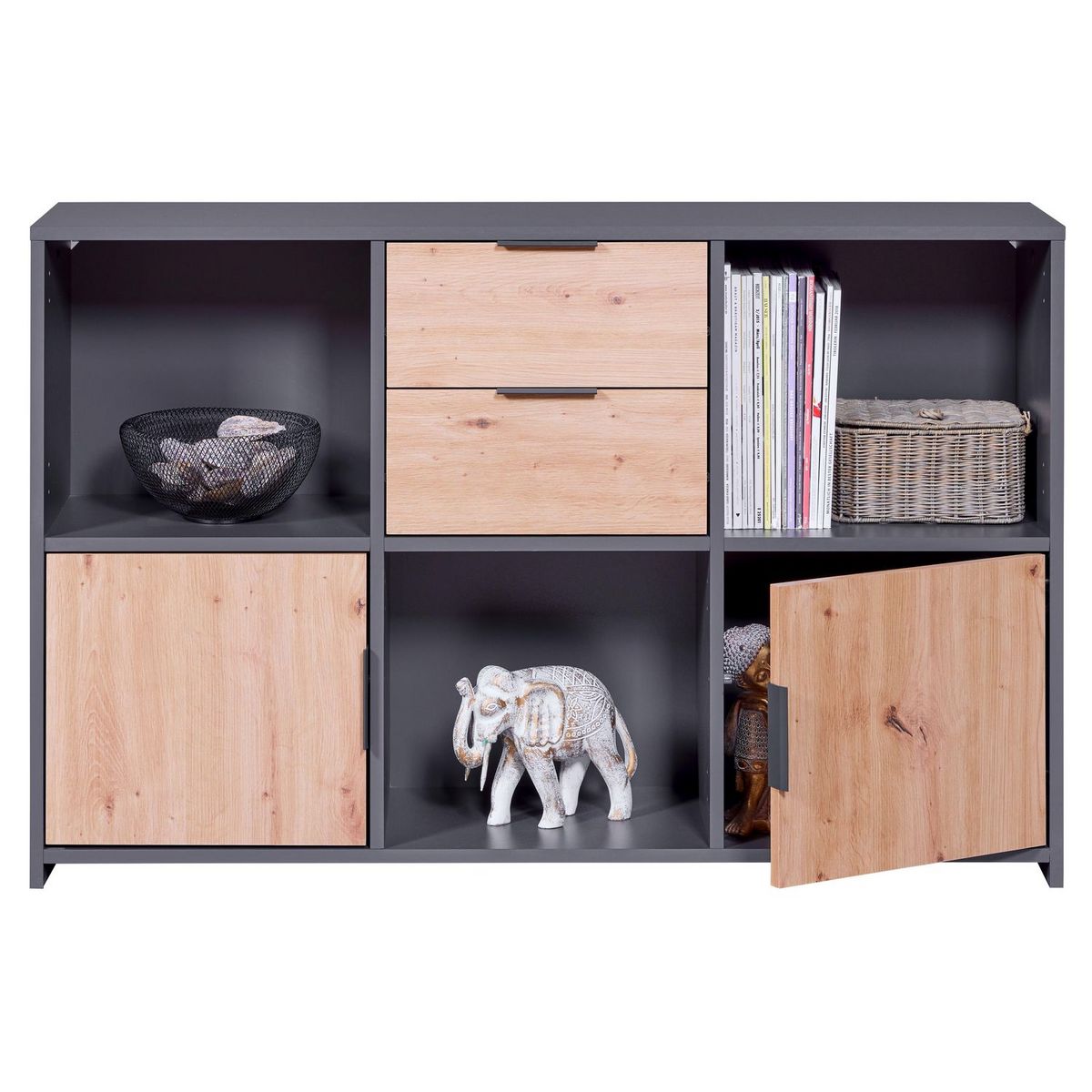 Commode de rangement 2 portes 2 tiroirs 3 niches TEO 