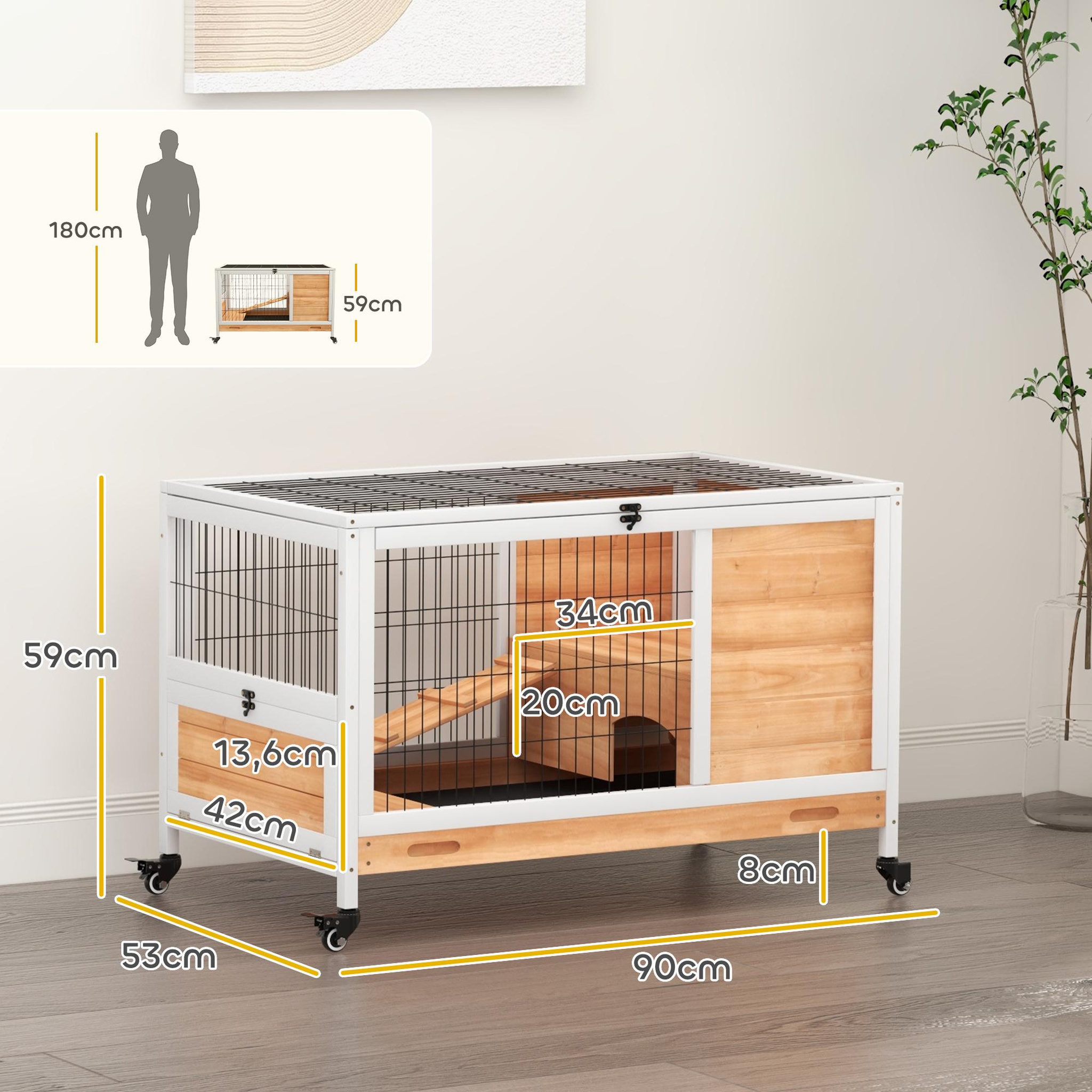 Voir la diapositive 3 : PAWHUT Clapier à lapin sur roulettes cage à lapin 2 étages porte verrouillable toit ouvrant plateau coulissant rampe bois de sapin orange blanc