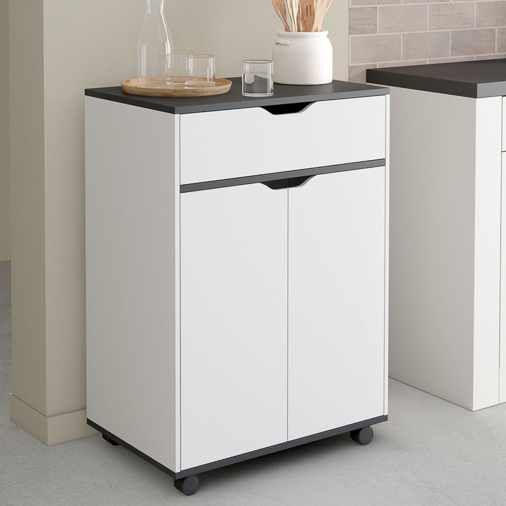 Voir la diapositive 2 : ID MARKET Desserte de cuisine cosy placard avec tiroir bois blanc et plateaux gris l.60 cm