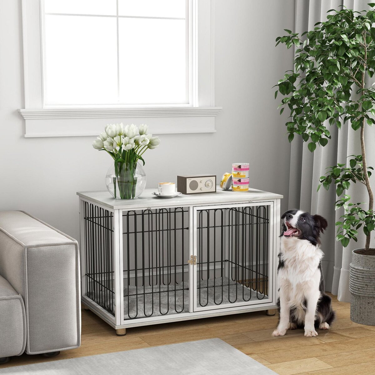PAWHUT Cage chien avec coussin 90 x 58 x 62 cm - porte verrouillable - effet bois gris clair acier blanc noir
