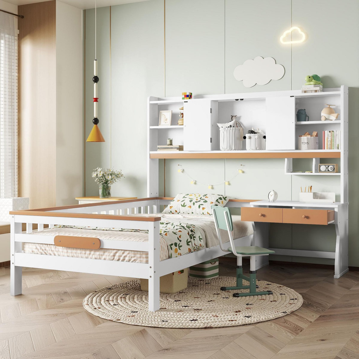 MERAX Lit avec rangement 90x200cm bois et mdf coloris blanc+naturel