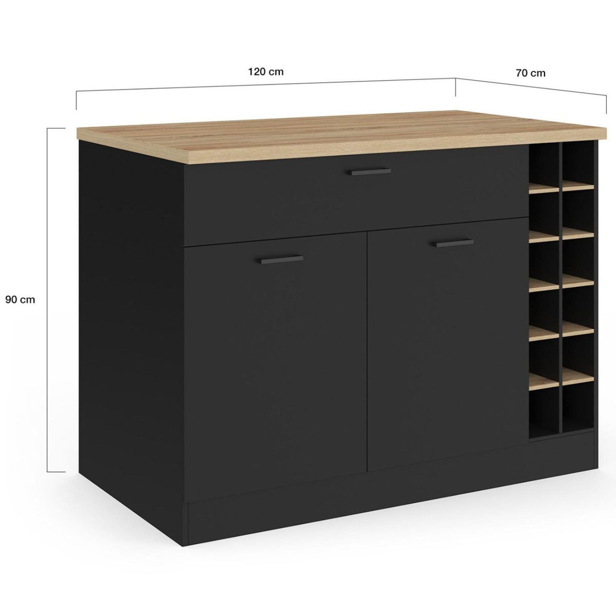 ID MARKET Ilot central GEORGE avec range-bouteilles placard et tiroir bois noir avec plan de travail façon hêtre