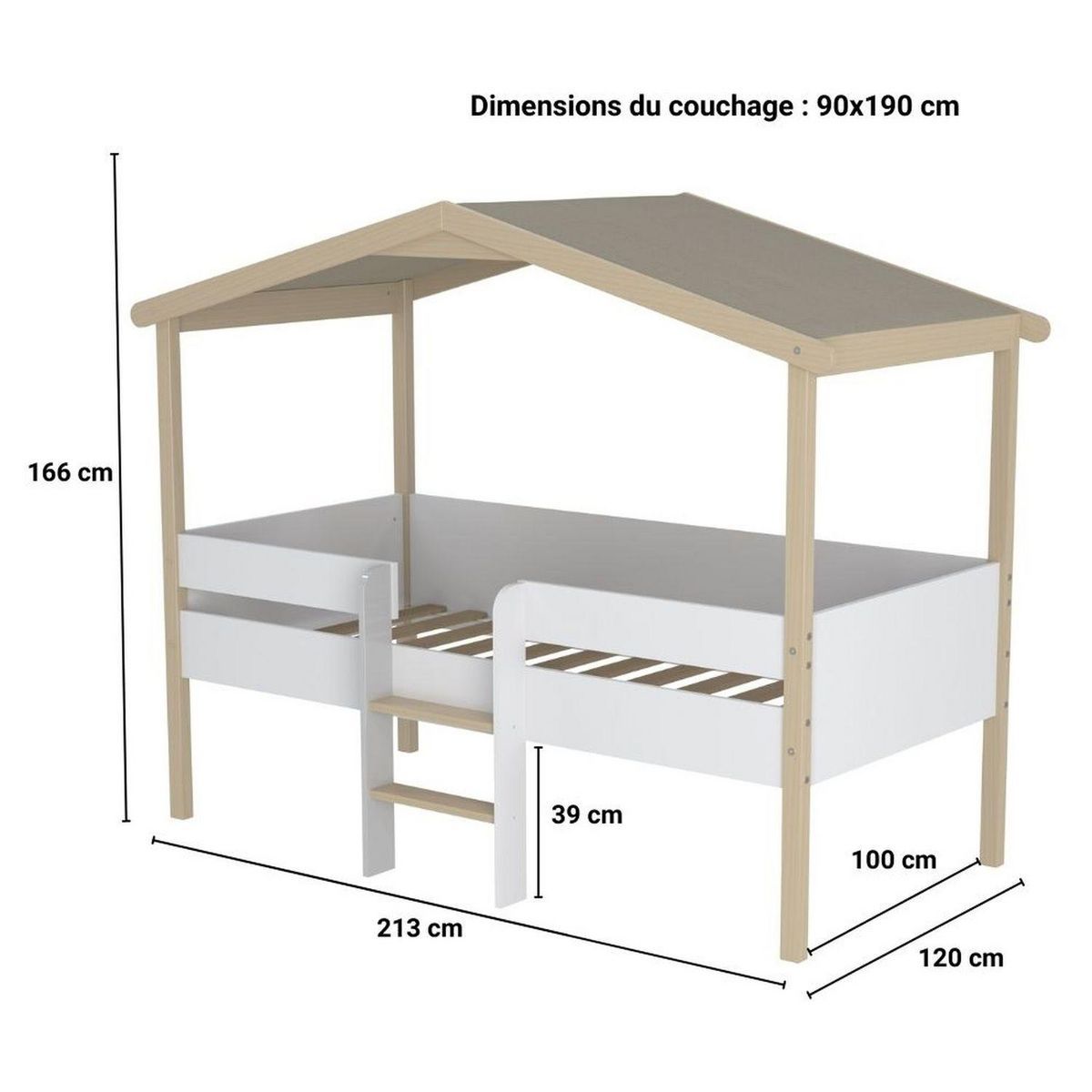 Ensemble Lit cabane enfant 90 x 190 cm avec sommier TOTEM + matelas mousse 90x190 cm DIONE