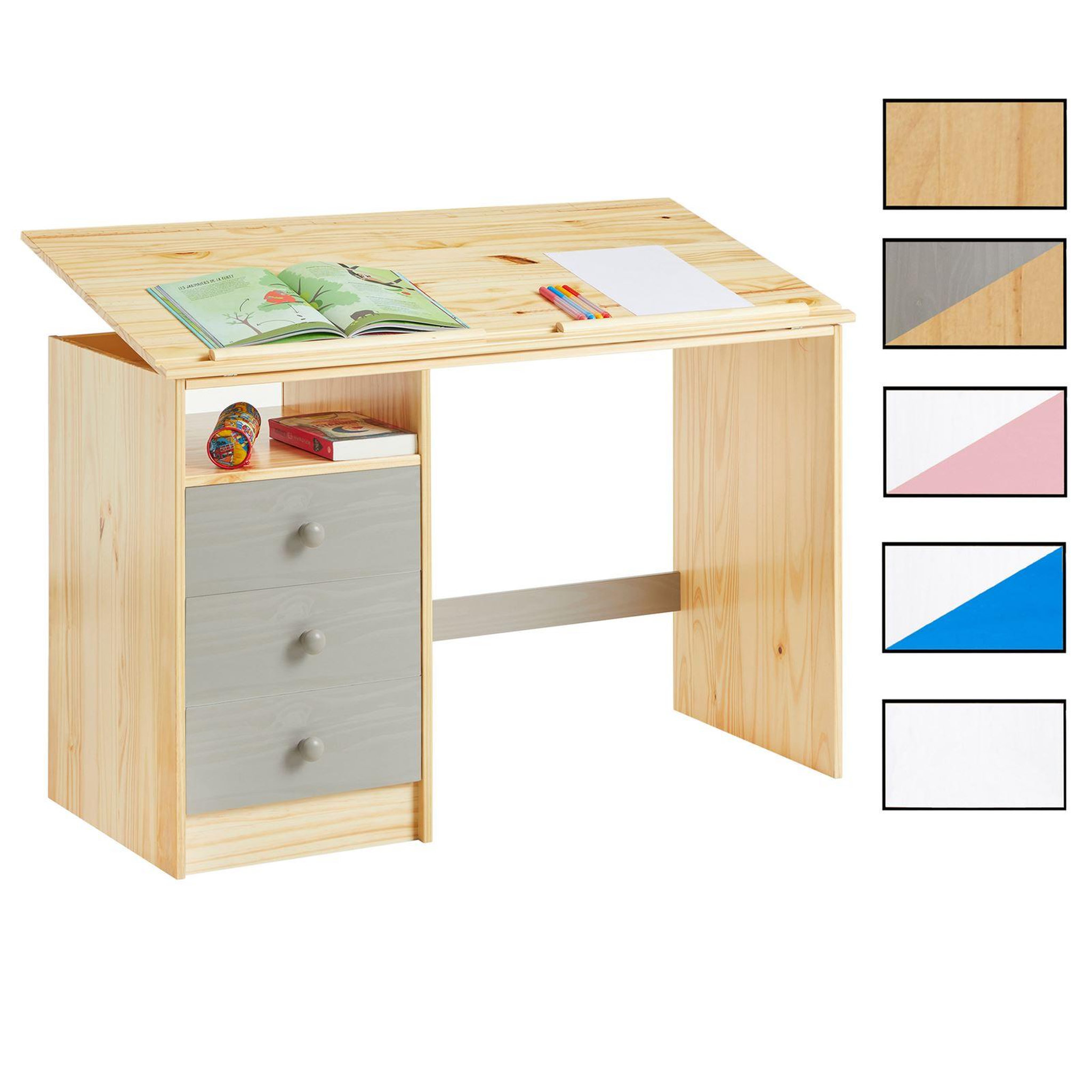 IDIMEX Bureau enfant KEVIN, en pin massif, 3 tiroirs et plateau inclinable. Coloris disponibles : Blanc, Bicolore, Marron