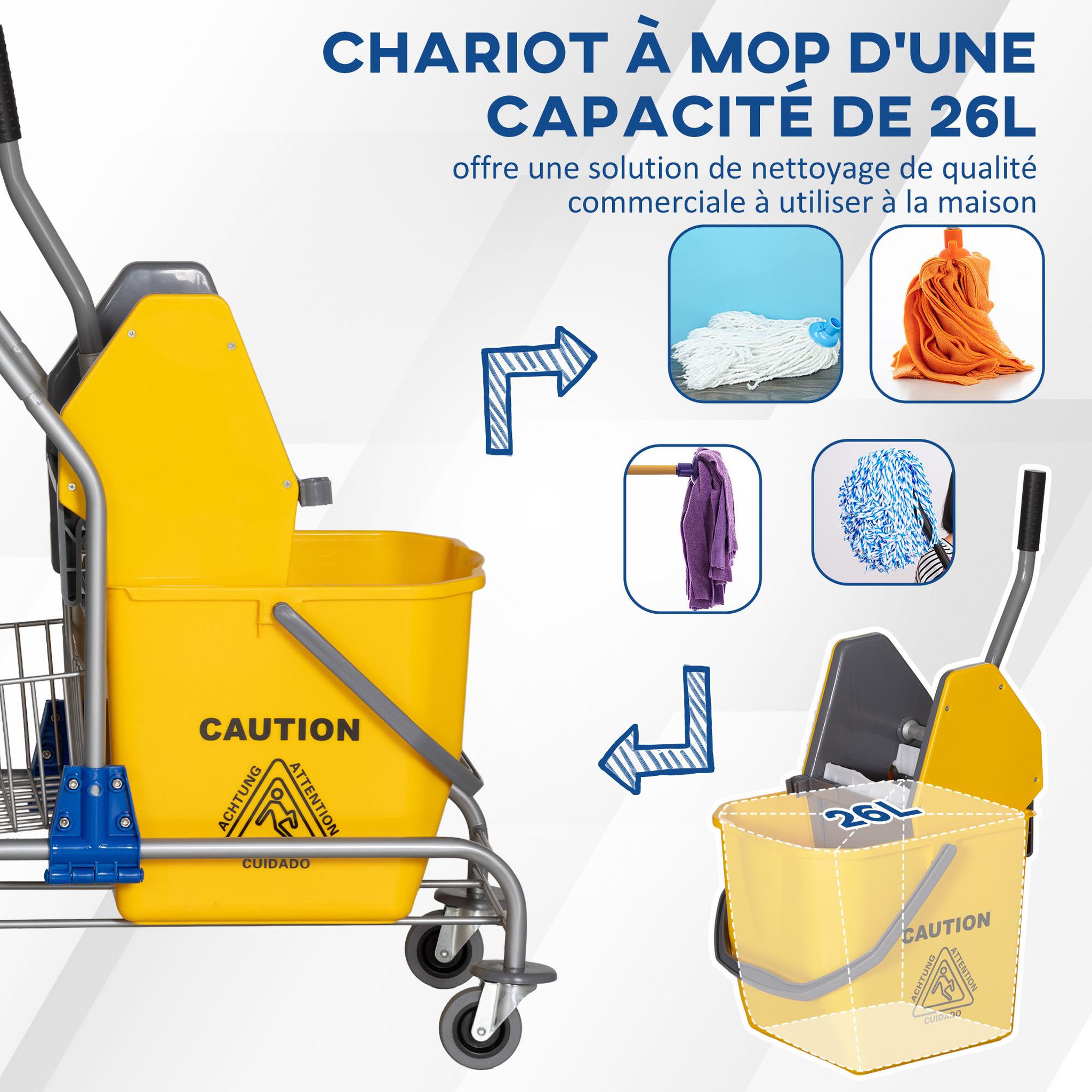 Voir la diapositive 4 : HOMCOM Chariot de lavage chariot de nettoyage professionnel en acier presse à mâchoire seau + rangements jaune