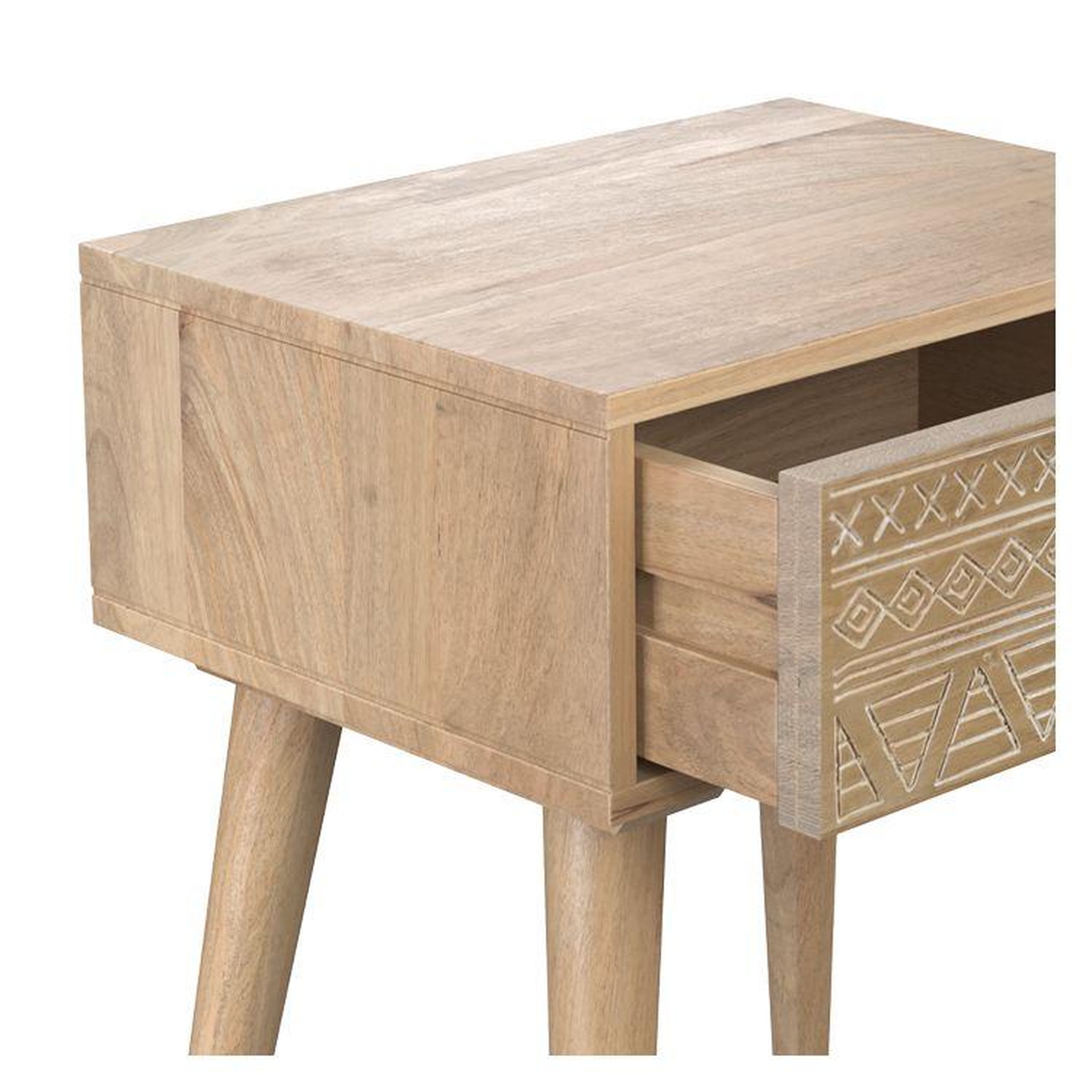 Voir la diapositive 3 : MAISON PAVANE Table de chevet en bois de manguier gravé 1 tiroir-tiny